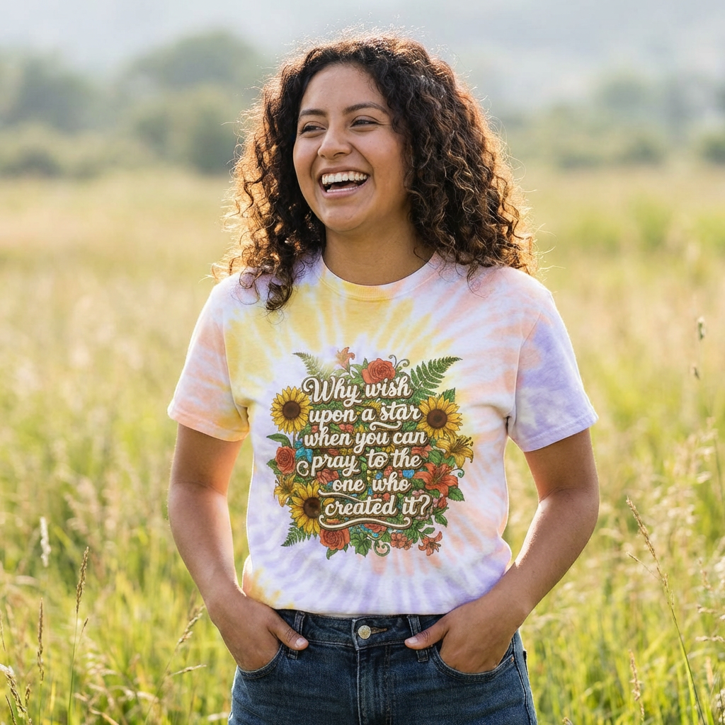 Faith-Based Tie Dye Tee — “Why wish upon a star…” Inspirational, Floral Christian T-Shirt product thumbnail image Faith-Based Tie Dye Tee — “Why wish upon a star…” Inspirational, Floral Christian T-Shirt product thumbnail image