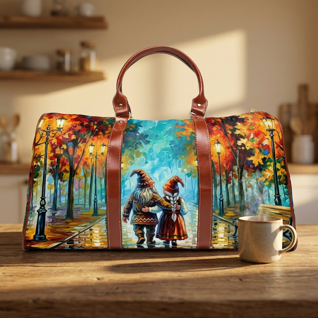 Scandi Tomte Waterproof Travel Bag — Leonid Afremov Style Gnome Couple Tote Carry-On product thumbnail image