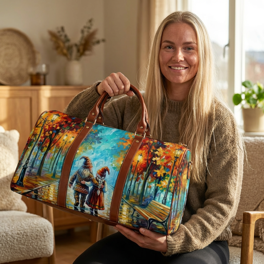 Scandi Gnomes Waterproof Travel Bag — Leonid Afremov Style Tote Carry-On Tomte Couple product thumbnail image Scandi Gnomes Waterproof Travel Bag — Leonid Afremov Style Tote Carry-On Tomte Couple product thumbnail image