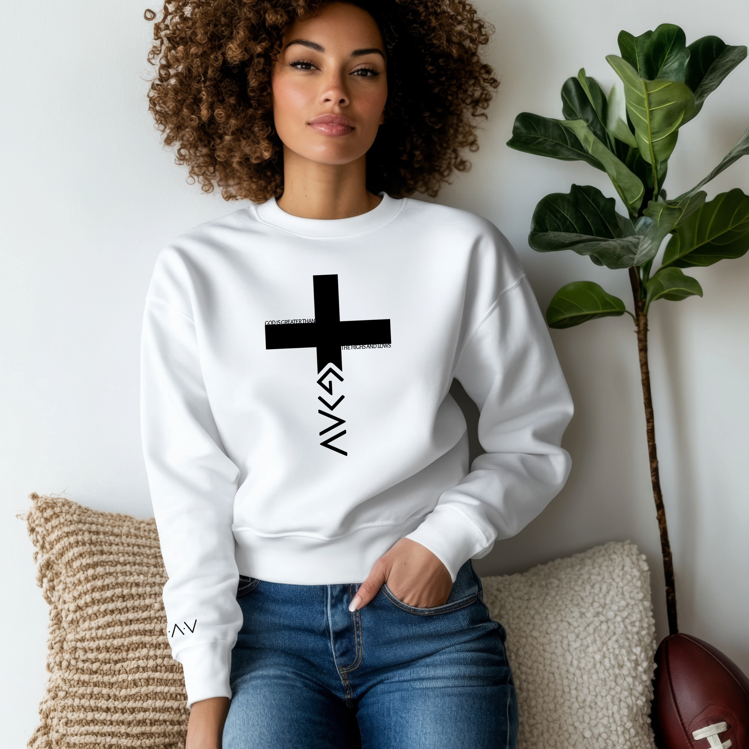 Gods Greater Than highs and lows Cross graphic Sweatshirt product thumbnail image Gods Greater Than highs and lows Cross graphic Sweatshirt product thumbnail image