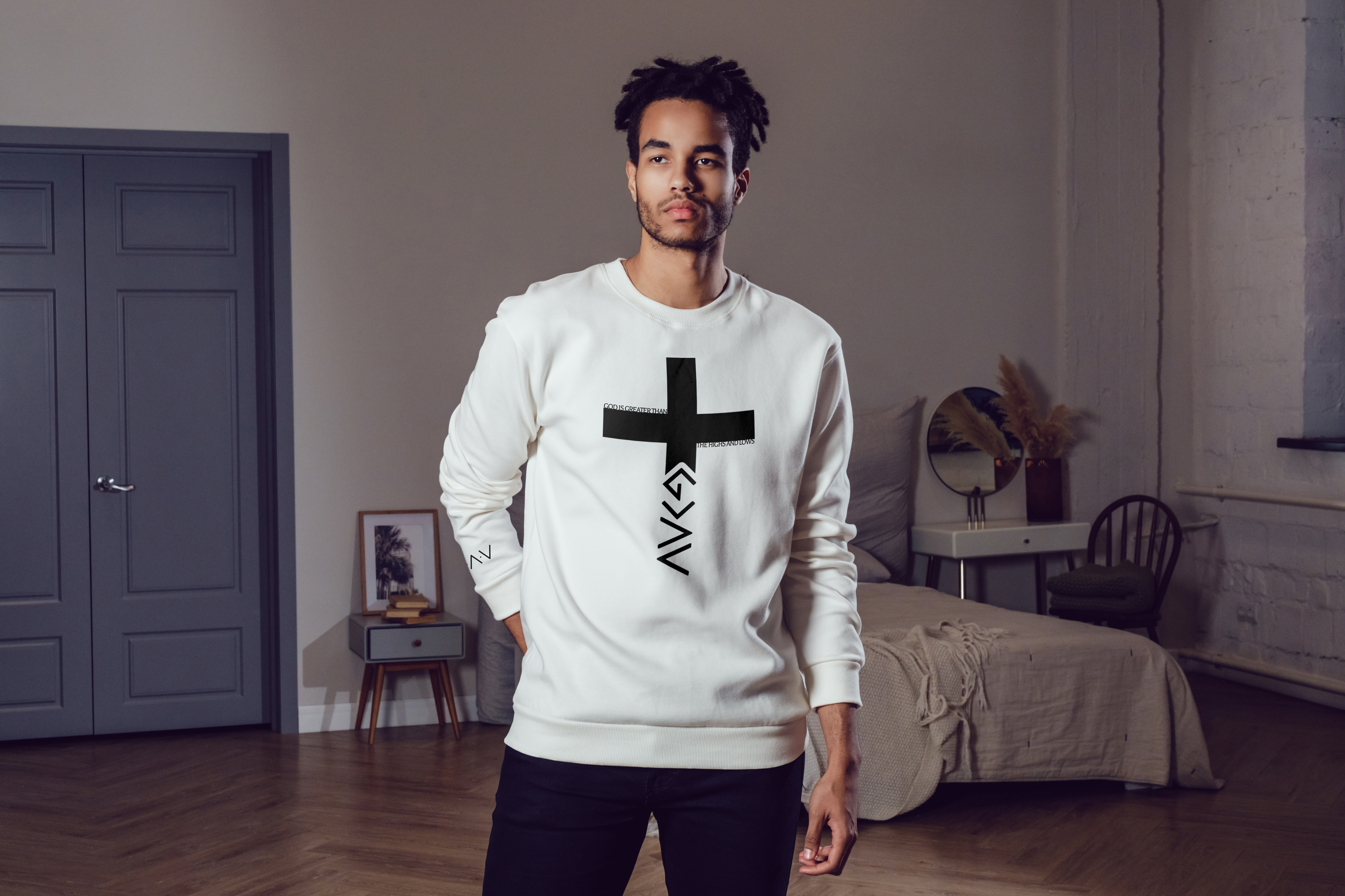 Gods Greater Than highs and lows Cross graphic Sweatshirt product thumbnail image Gods Greater Than highs and lows Cross graphic Sweatshirt product thumbnail image