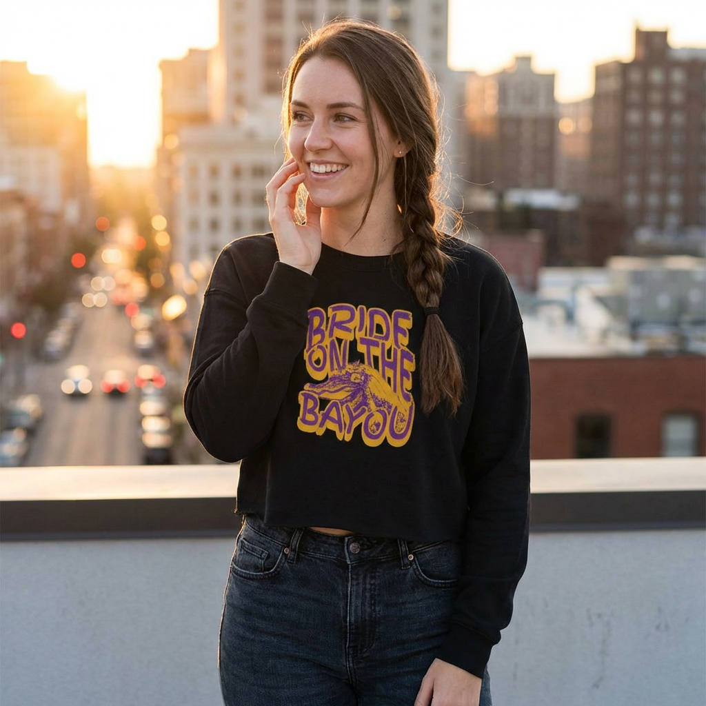 Bride on the Bayou Cropped Sweatshirt, Cajun Bachelorette Party Outfit, Bayou Bride Graphic Crop Pullover, Bella Canvas 7503 product thumbnail image