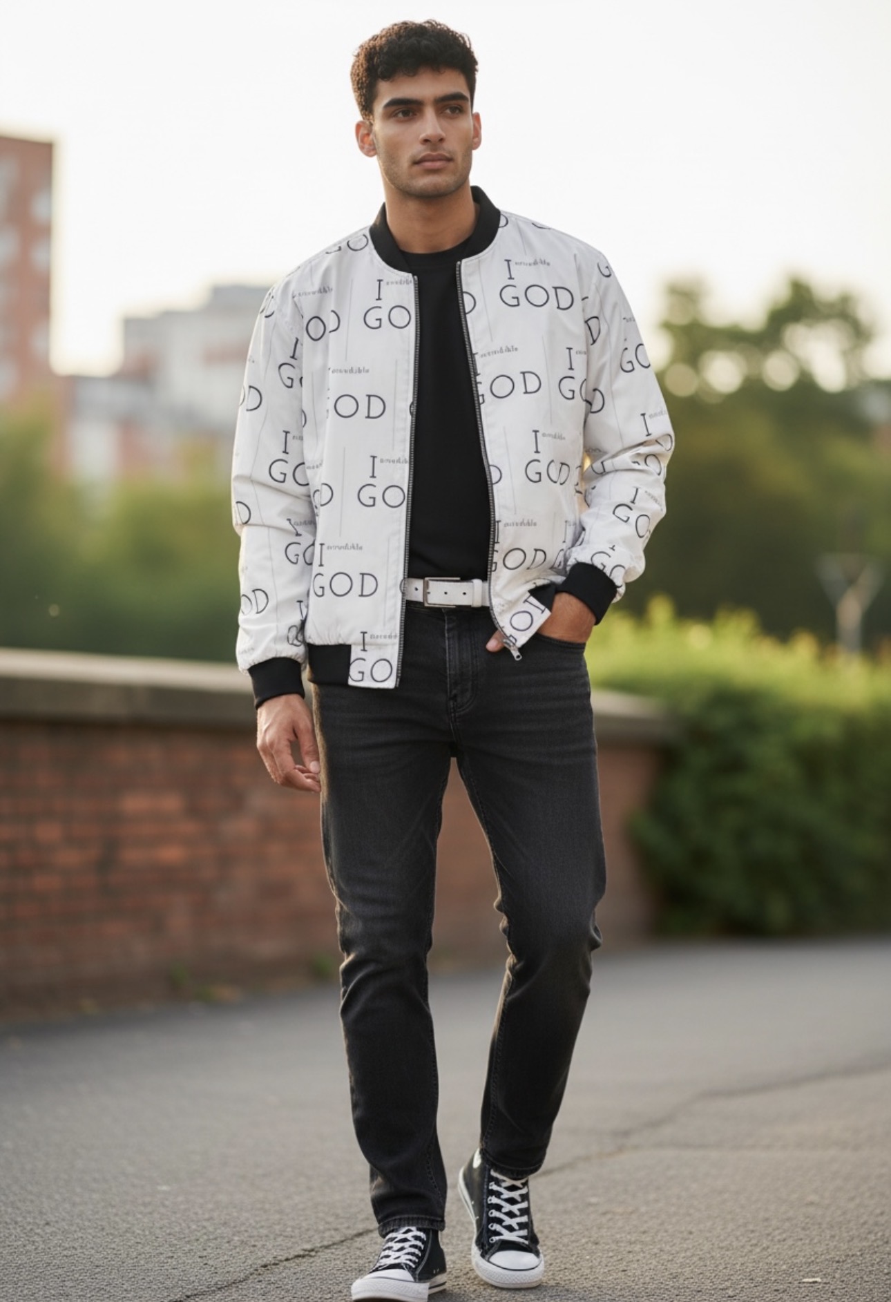 God Repeat Bomber Jacket — White All-Over Print Religious Statement Jacket product thumbnail image