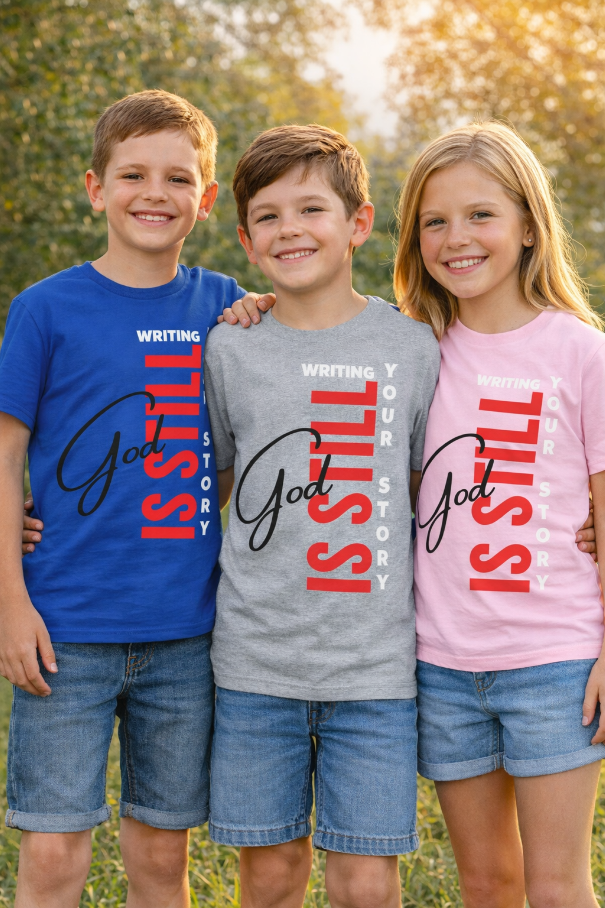 Kids T‑Shirt — "God Is Still" Vertical Script Design, Faith-Based Christian Tee for Children product thumbnail image