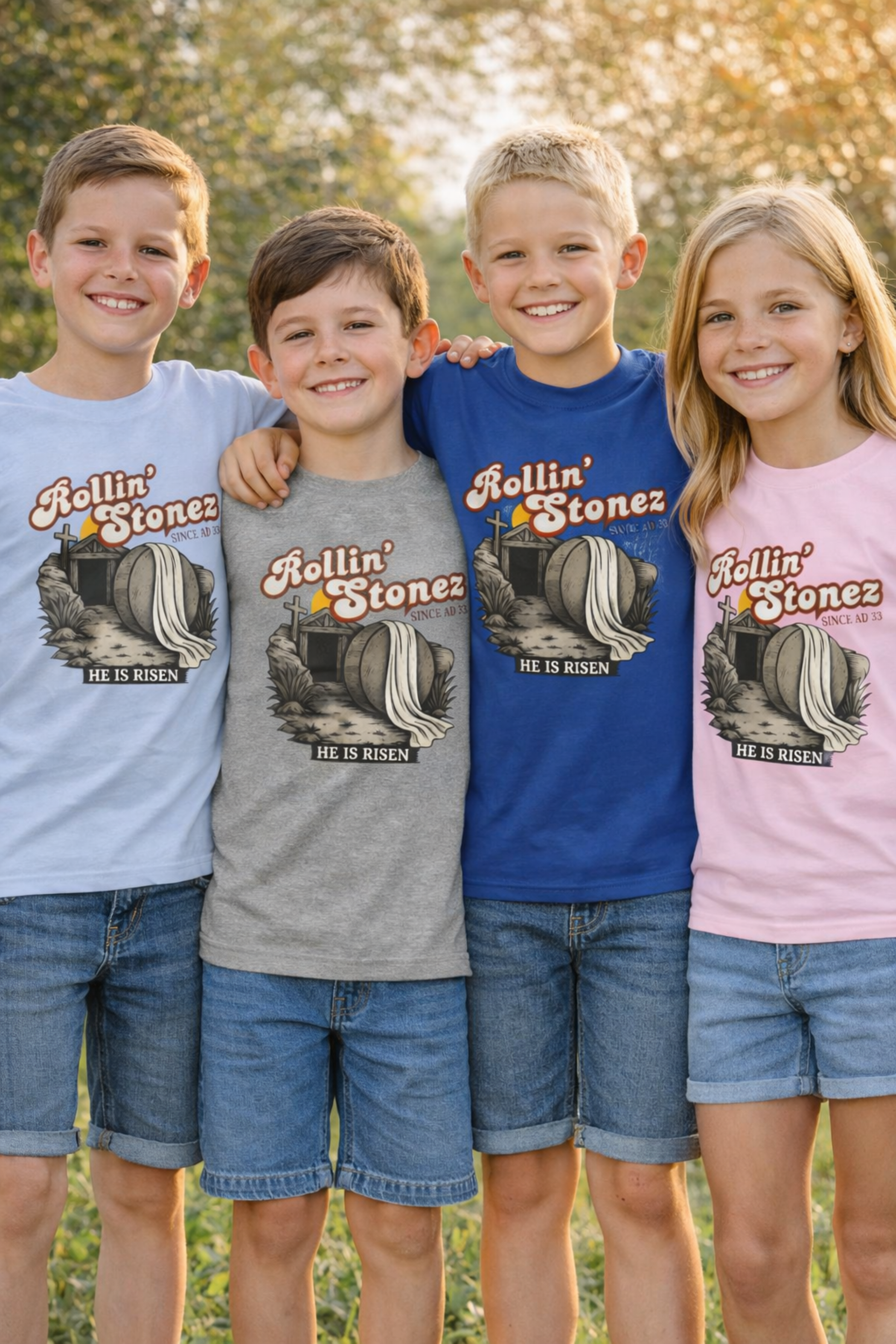 Rollin’ Stonez Christian Easter T-Shirt – He Is Risen Tomb Design – Faith Based Resurrection Shirt