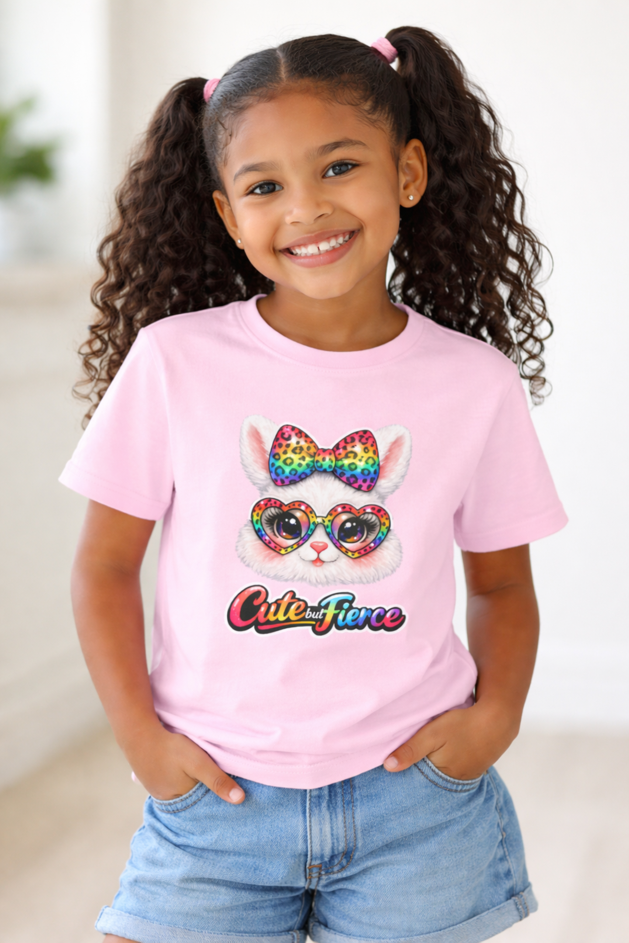 Cute but Fierce Girls Easter Bunny Shirt, Rainbow Bunny Graphic Tee for Kids, Bold Spring T-Shirt for Girls product thumbnail image