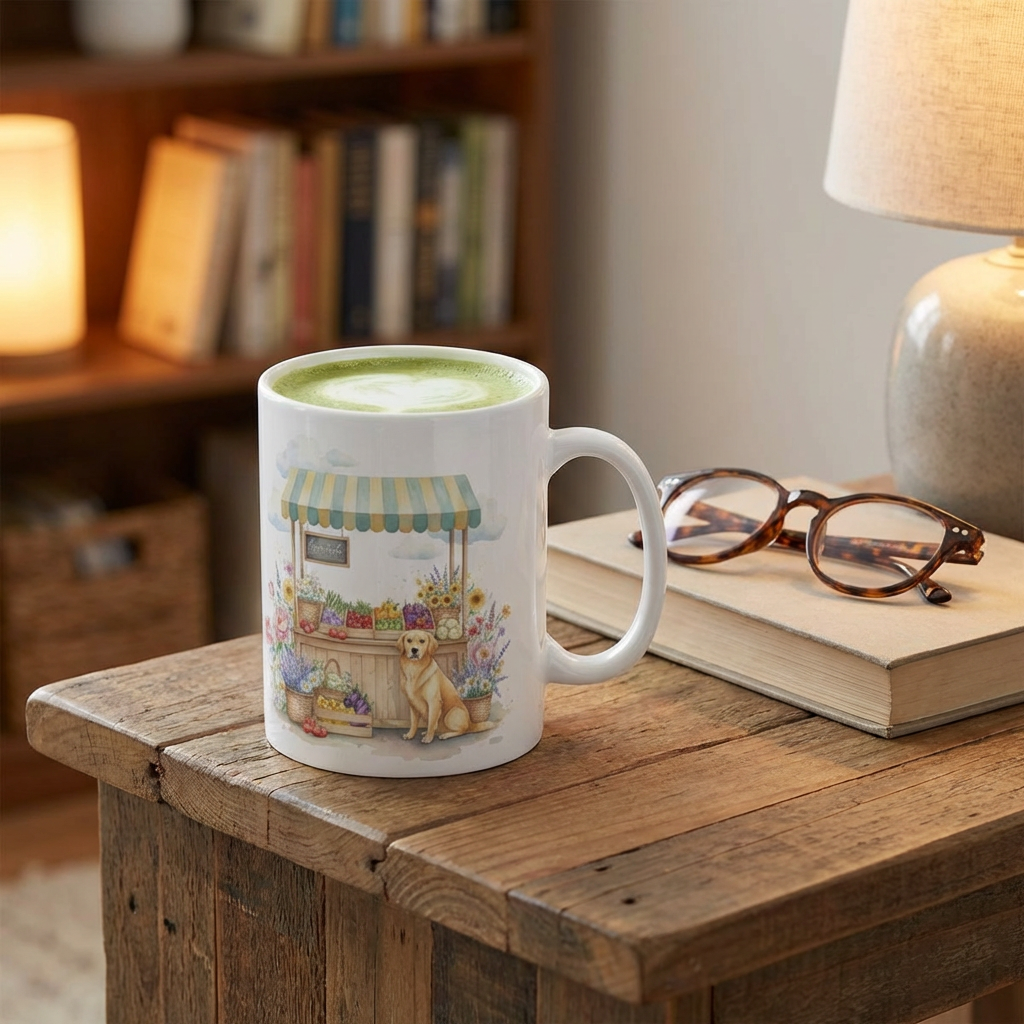 Farmers Market Ceramic Mug — Cute Produce &amp; Flower Stand, Golden Retriever Dog Coffee Cup (11oz &amp; 15oz) product thumbnail image