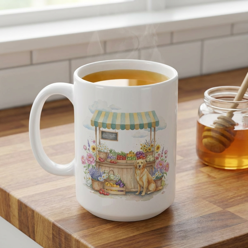 Farmers Market Ceramic Mug — Cute Produce &amp; Flower Stand, Golden Retriever Dog Coffee Cup (11oz &amp; 15oz) product thumbnail image