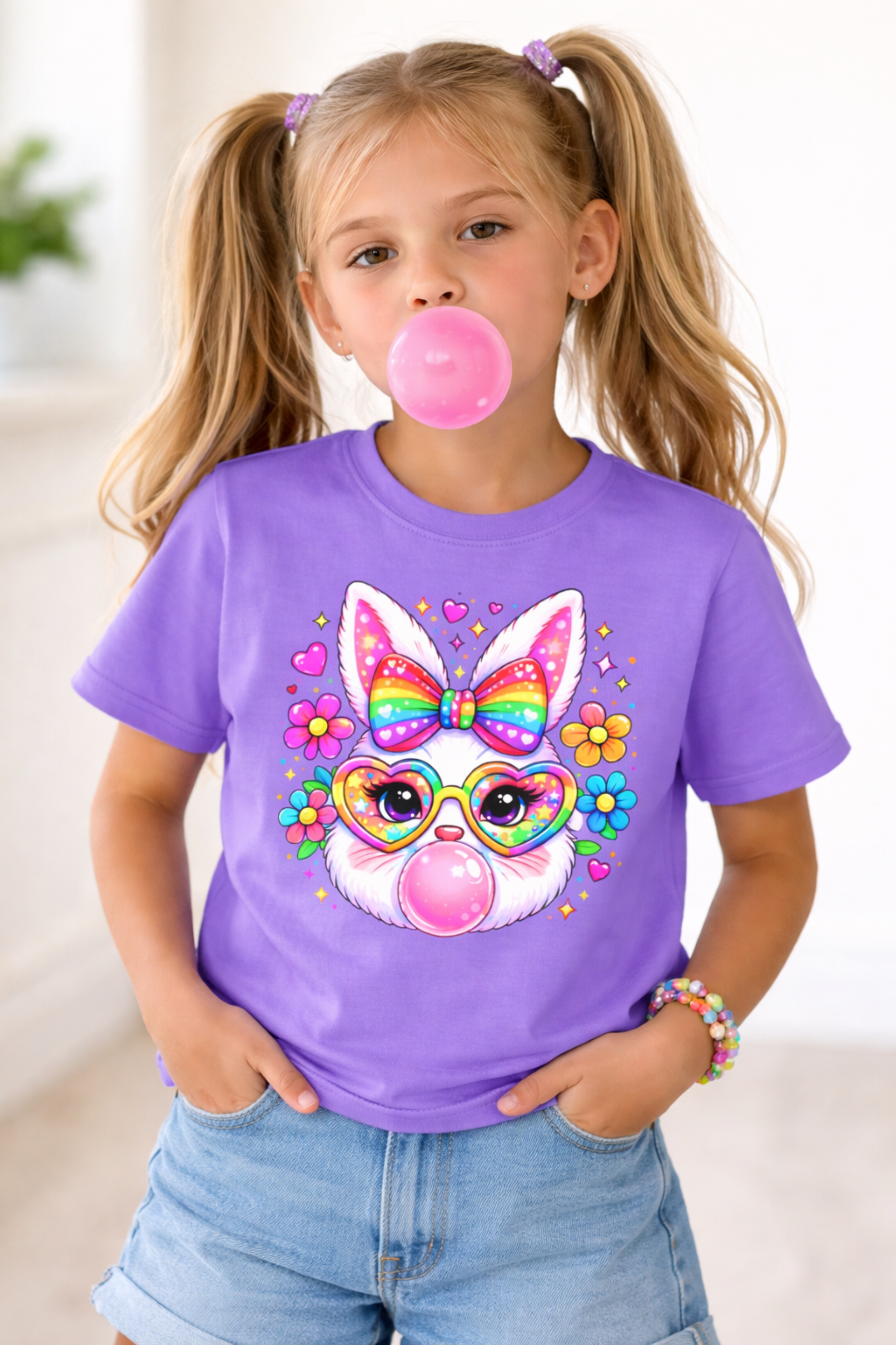 Girls Easter Bunny Bubble Gum Shirt, Rainbow Bunny Graphic Tee, Cute Spring Kids T-Shirt product thumbnail image Girls Easter Bunny Bubble Gum Shirt, Rainbow Bunny Graphic Tee, Cute Spring Kids T-Shirt product thumbnail image