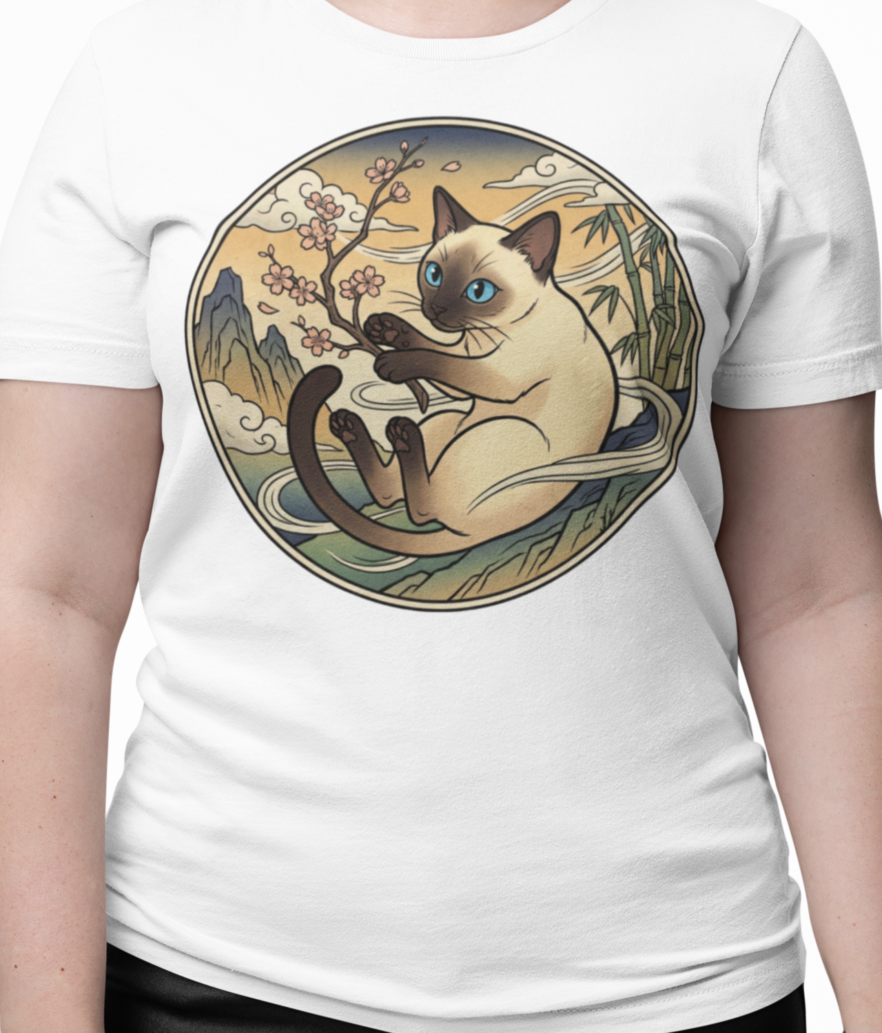 Siamese Cat Swings A Blossom Branch Comfort Colors Unisex Zen Tee — Vintage Ukiyo-E Asian-Inspired Cat Lovers Illustration Graphic T-Shirt  product thumbnail image