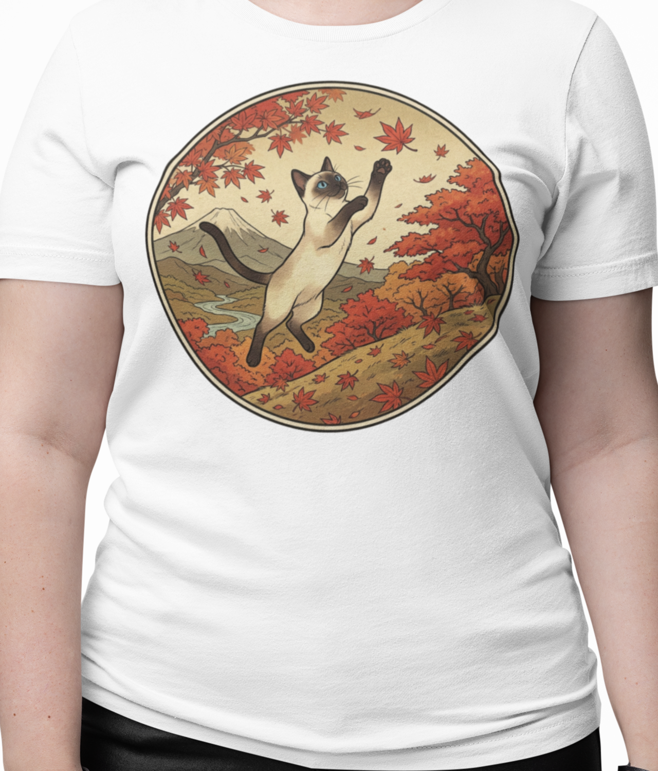 Siamese Cat Plays in Maple Leaves Comfort Colors Unisex T-Shirt — Autumn Japanese Vintage Ukiyo-E Asian-Inspired Graphic Tee