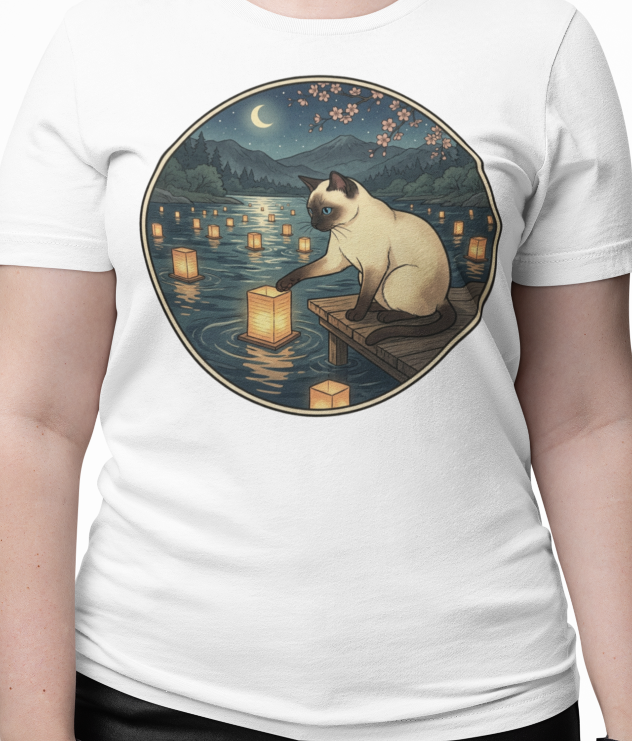 Siamese Cat Touches A Floating Lantern Comfort Colors Unisex Zen Tee — Vintage Ukiyo-E Asian-Inspired Cat Nighttime Illustration Graphic T-Shirt 