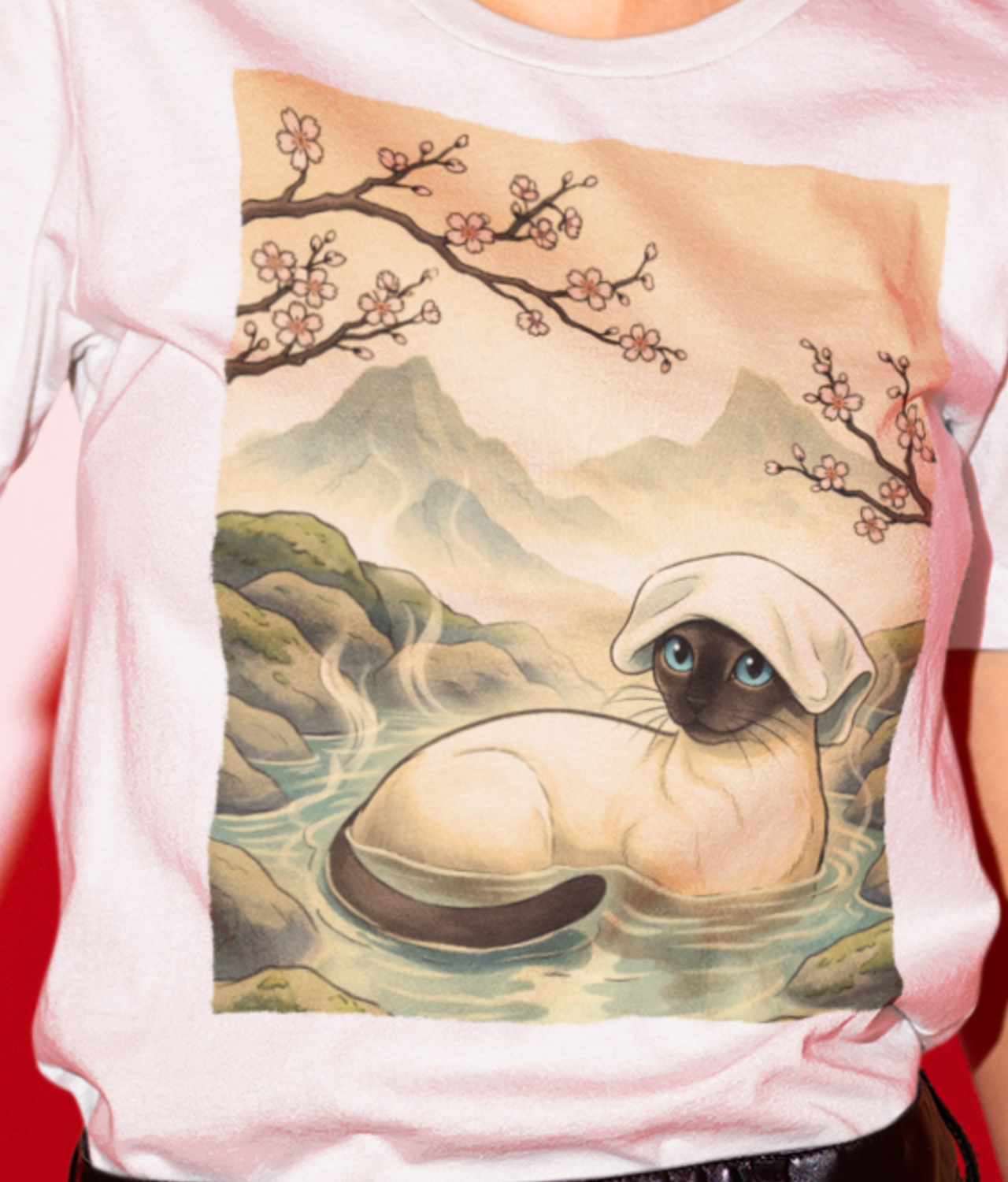 Siamese Cat Hot Spring Self-Care Relaxation Spa Day | Comfort Colors Unisex T-Shirt | Distressed Edge Ukiyo-E Japanese-Inspired Cat Art Tee