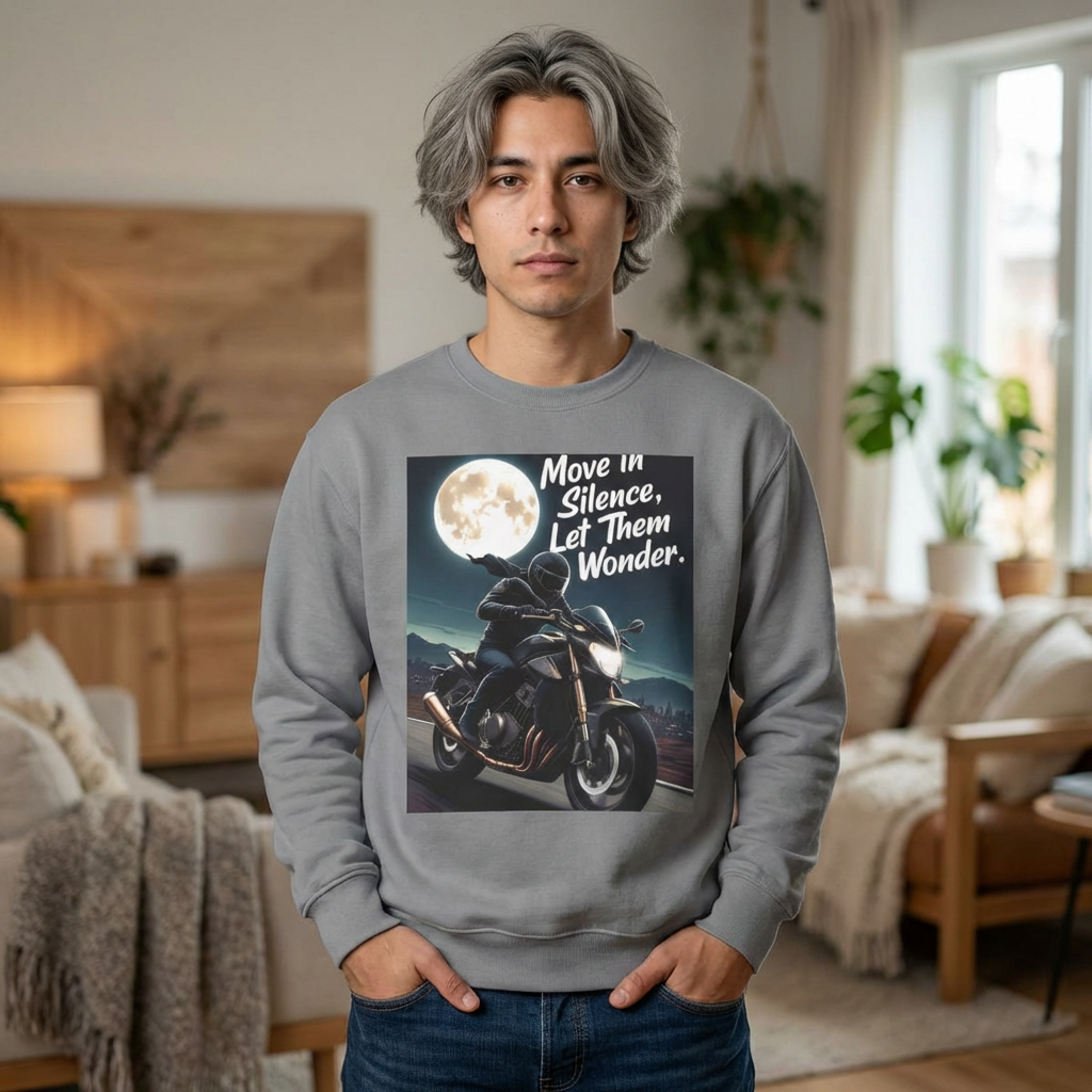 Move In Silence Motorcycle Crewneck Sweatshirt — Night Rider Biker Tee product thumbnail image Move In Silence Motorcycle Crewneck Sweatshirt — Night Rider Biker Tee product thumbnail image