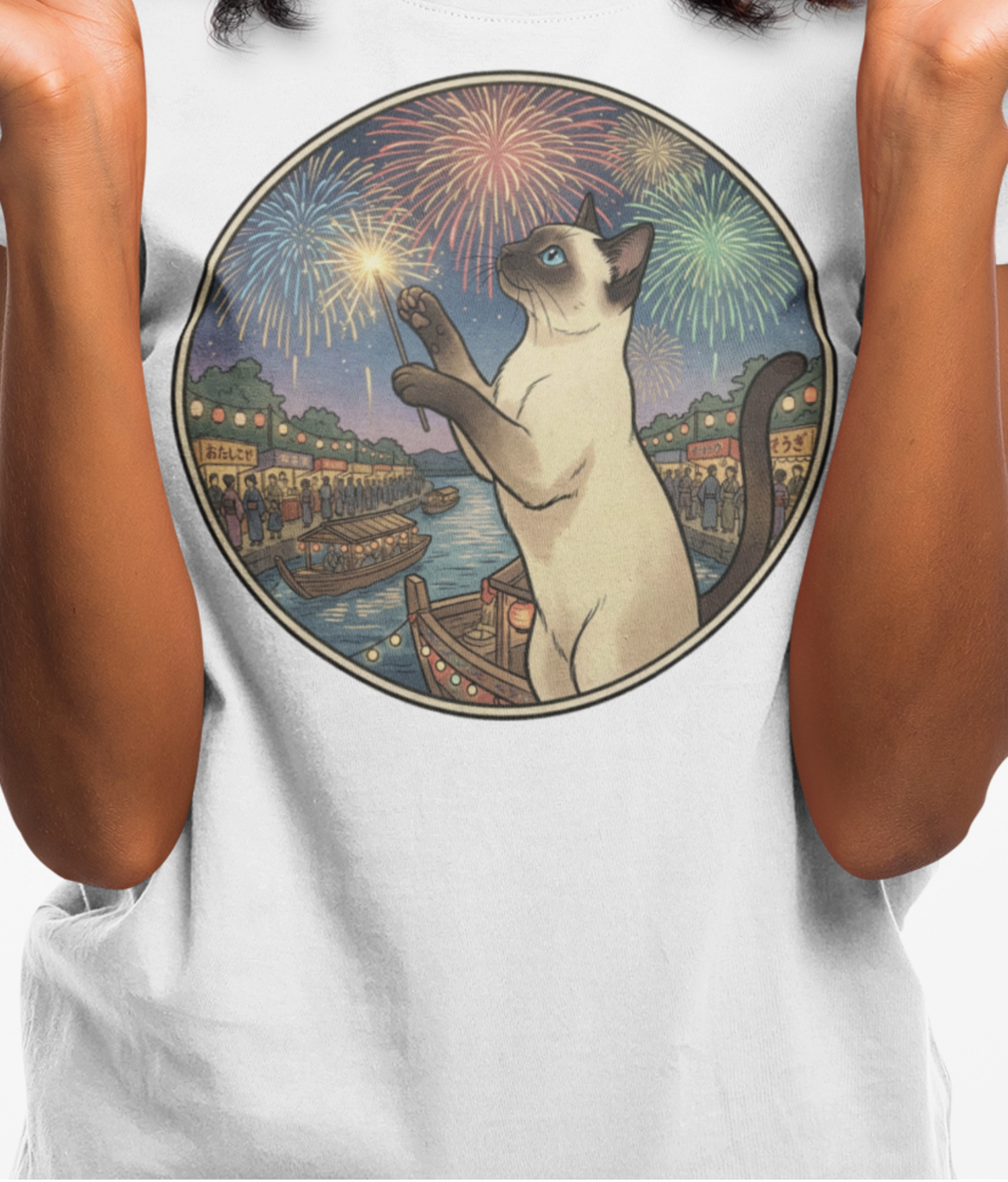 Siamese Cat Comfort Colors Unisex T-Shirt | Night Market Japan Fireworks Celebration Ukiyo-e Inspired Graphic Tee product thumbnail image