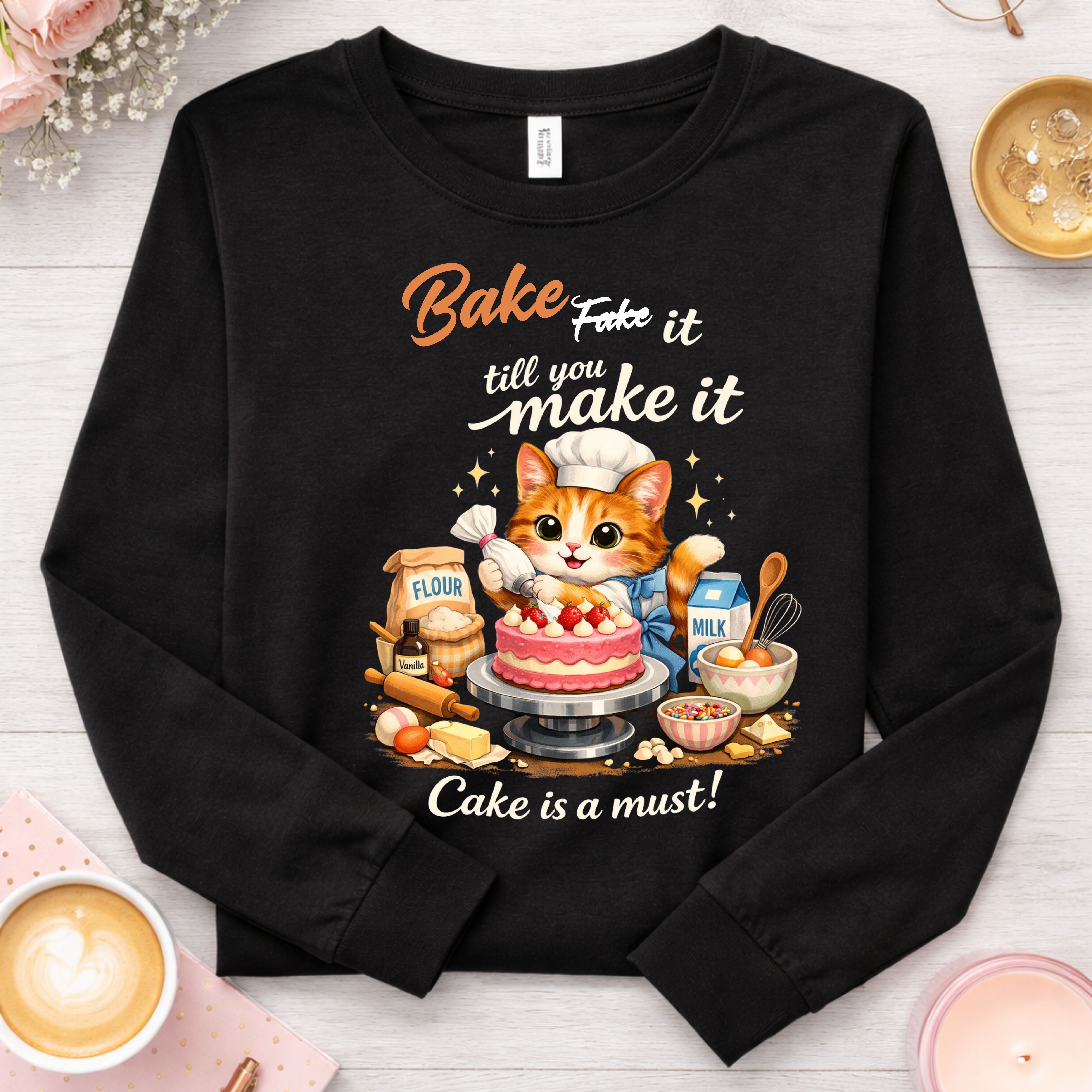 Baking Cat Long Sleeve Tee — "Bake It Till You Make It" Cute Cat Baking Graphic for Home Bakers product thumbnail image Baking Cat Long Sleeve Tee — "Bake It Till You Make It" Cute Cat Baking Graphic for Home Bakers product thumbnail image