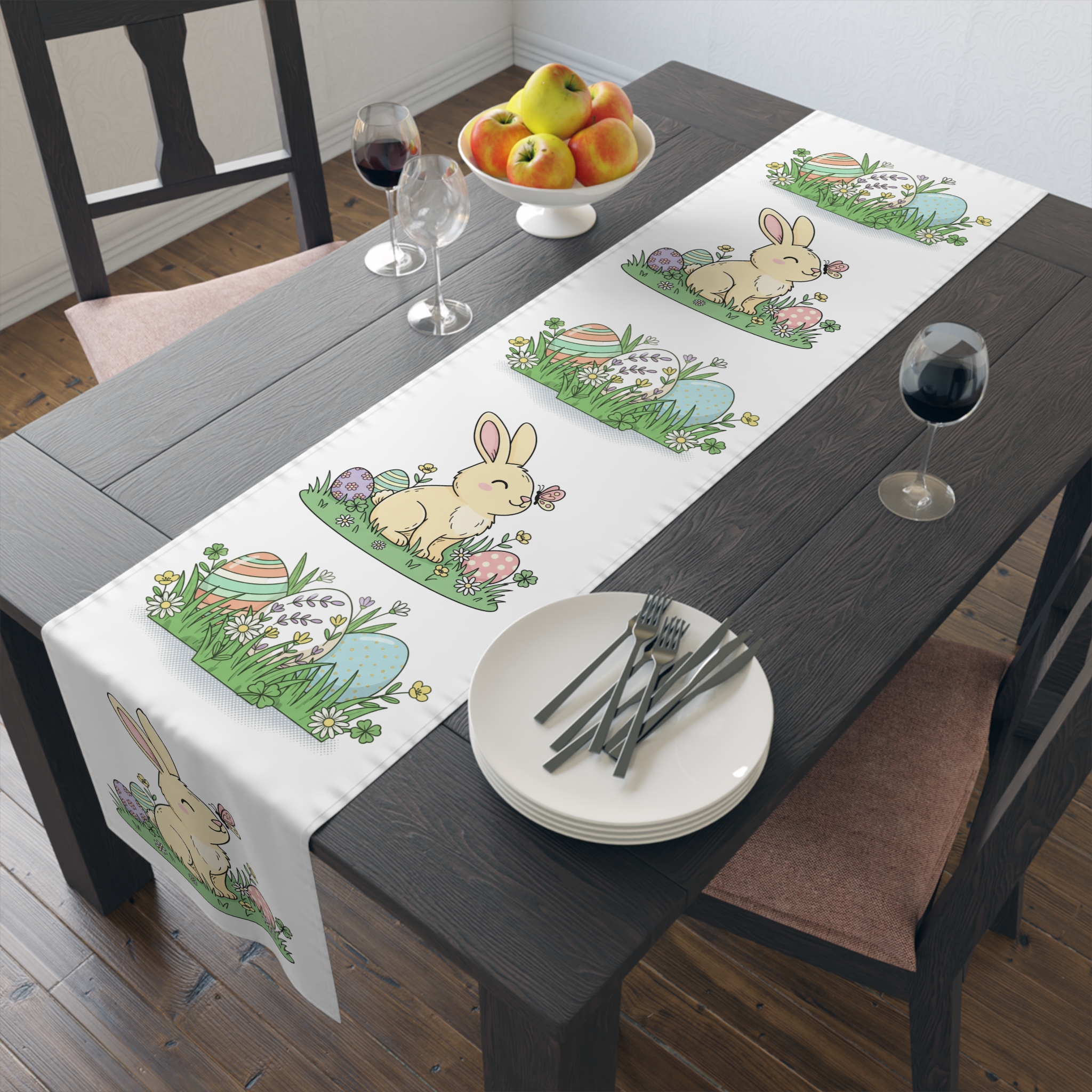 Easter Bunny Table Runner - Cute Spring Rabbit &amp; Painted Eggs Cotton Blend