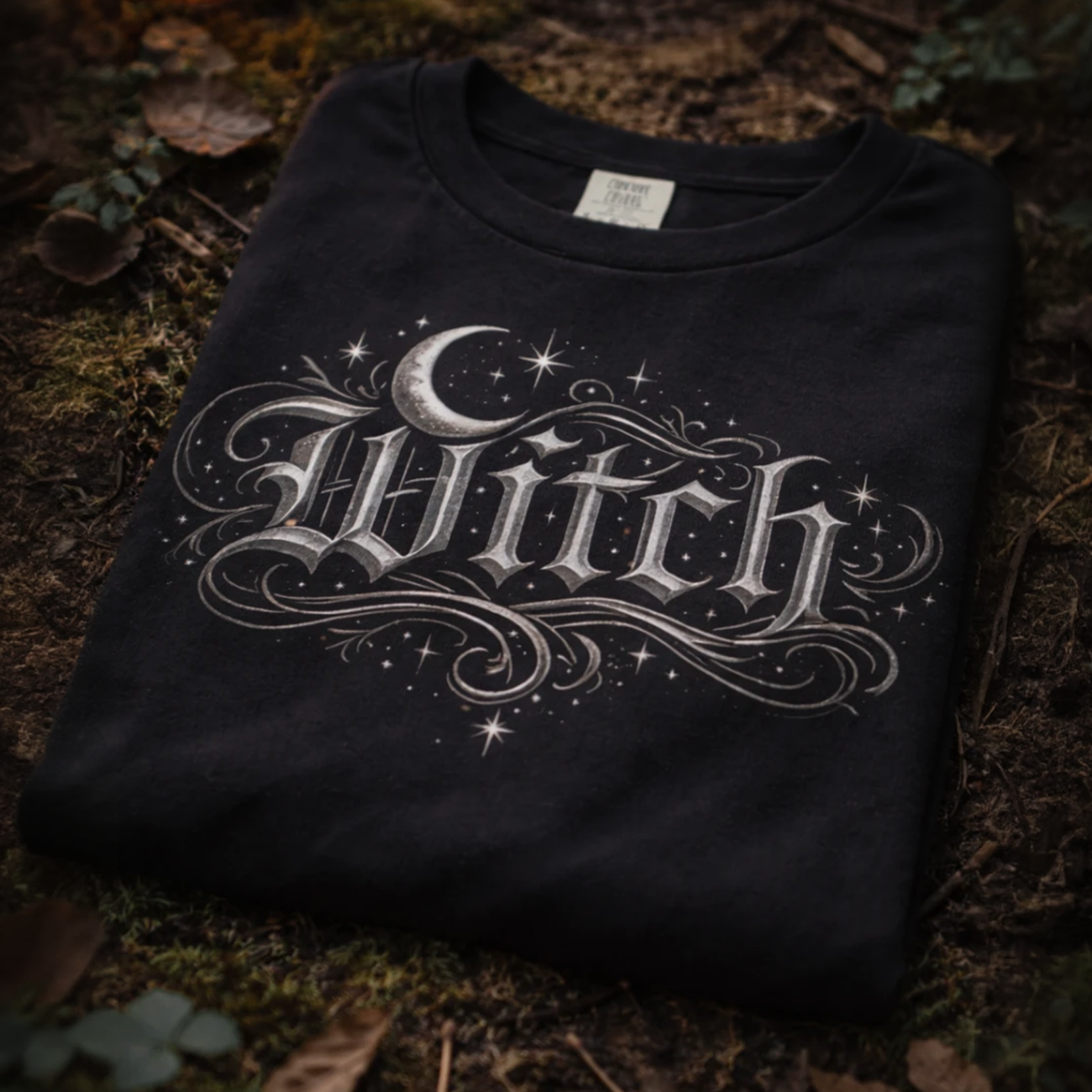 Witch lettering crescent moon T-shirt | Gothic occult celestial design product thumbnail image