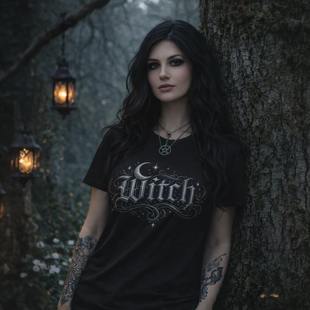 Witch lettering crescent moon T-shirt | Gothic occult celestial design product thumbnail image Witch lettering crescent moon T-shirt | Gothic occult celestial design product thumbnail image