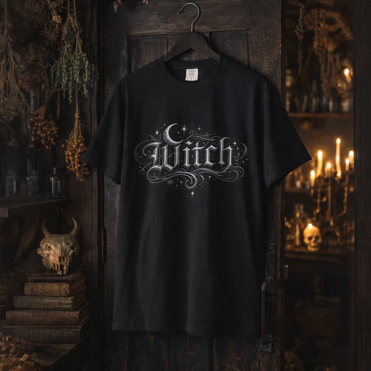 Witch lettering crescent moon T-shirt | Gothic occult celestial design product thumbnail image
