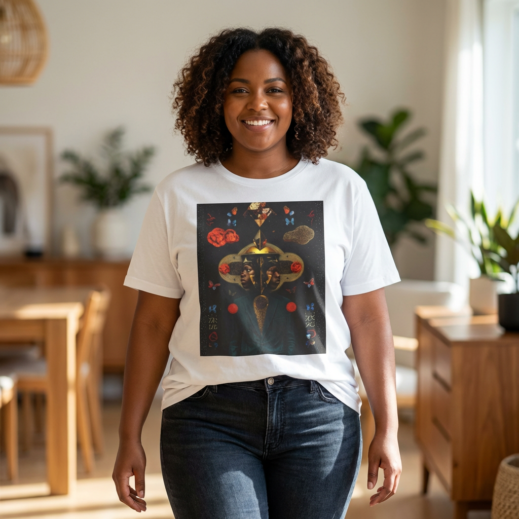 Mystic Golden Mask Art T-Shirt — Surreal Floral &amp; Butterfly Graphic product thumbnail image