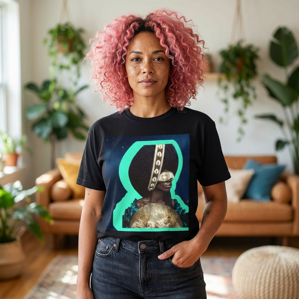 Afrofuturist Portrait T-Shirt — 'Golden Shield' Graphic Tee product thumbnail image Afrofuturist Portrait T-Shirt — 'Golden Shield' Graphic Tee product thumbnail image