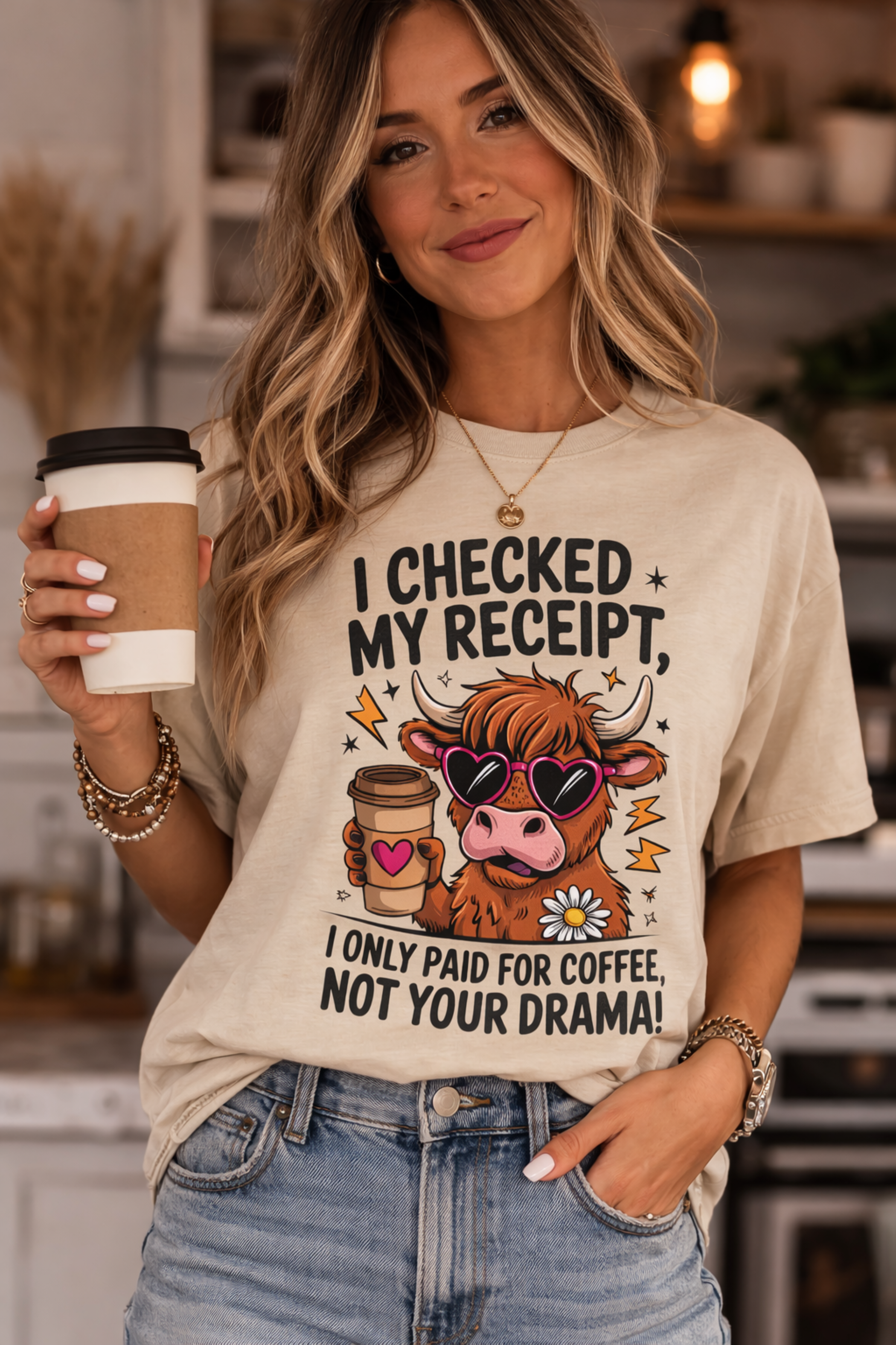 I Checked My Receipt Coffee Shirt, Funny Highland Cow Tee, I Only Paid for Coffee Not Your Drama Shirt, Sarcastic Cow Graphic T-Shirt