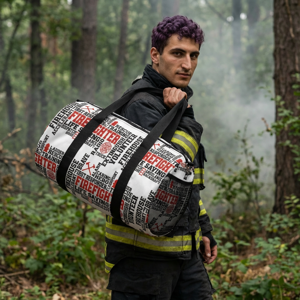 Firefighter Wordcloud Duffel Bag — Emergency Rescue Gear Travel Bag
