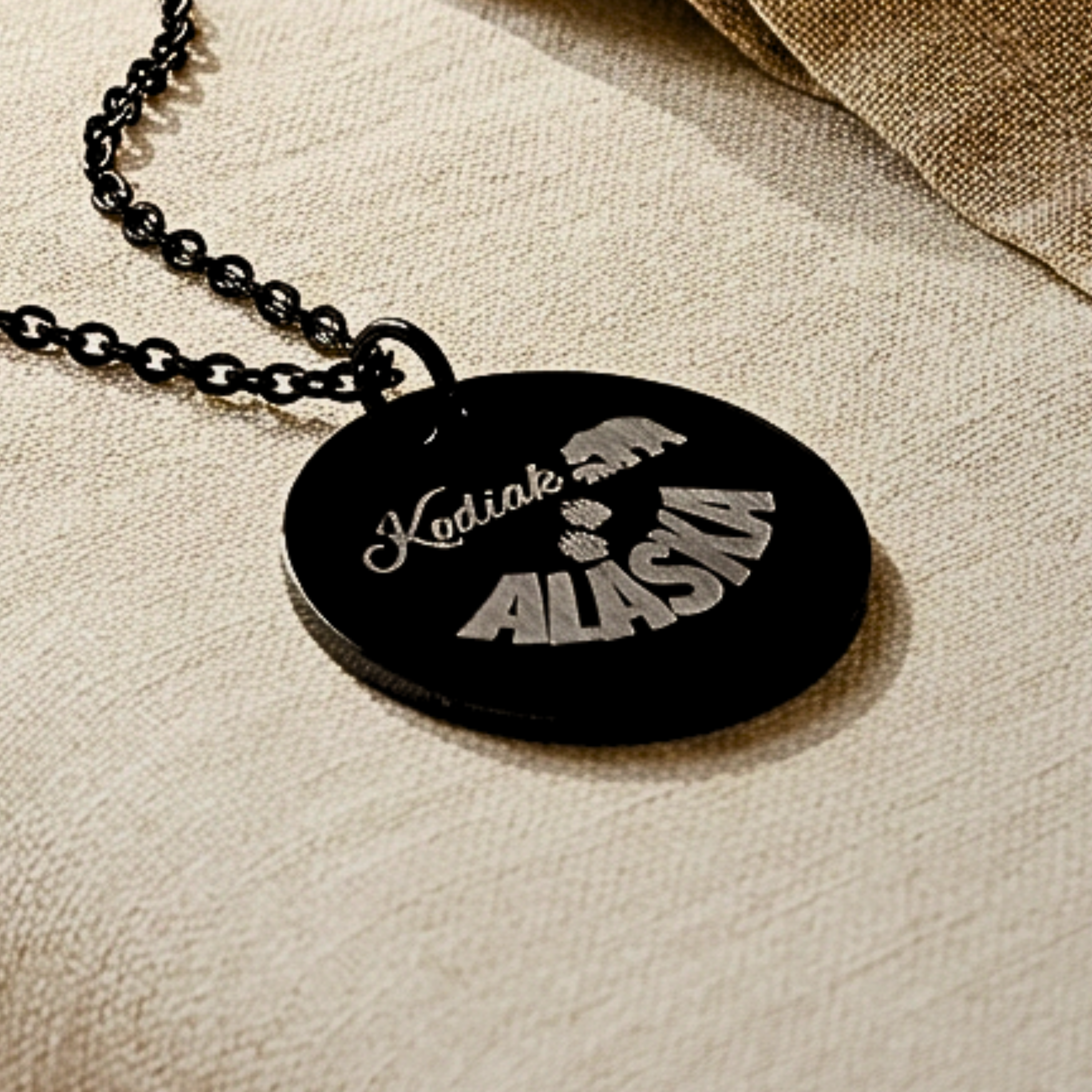 Kodiak, Alaska Engraved Tiny Necklace with Bear Five color options product thumbnail image Kodiak, Alaska Engraved Tiny Necklace with Bear Five color options product thumbnail image