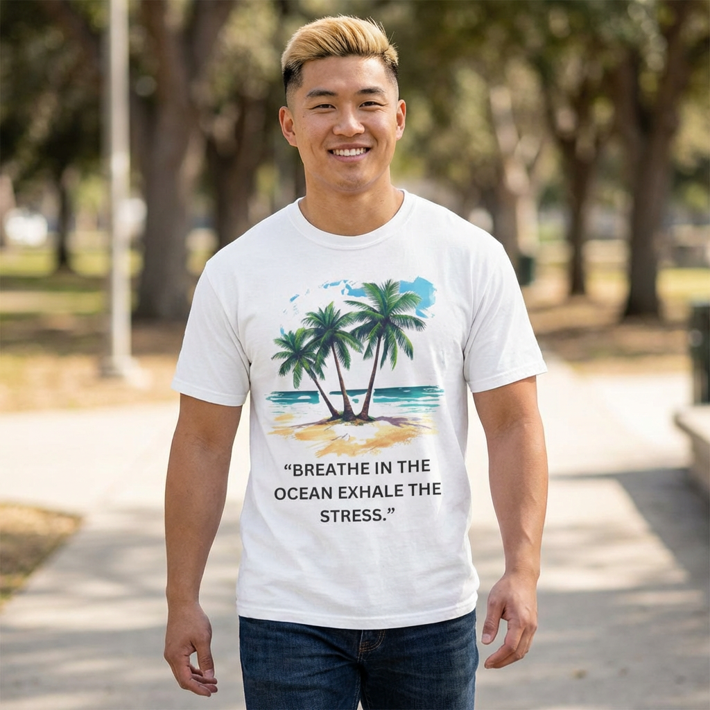 Beach Palm T-Shirt — “Breathe in the Ocean, Exhale the Stress” Relaxed Vacation Tee product thumbnail image