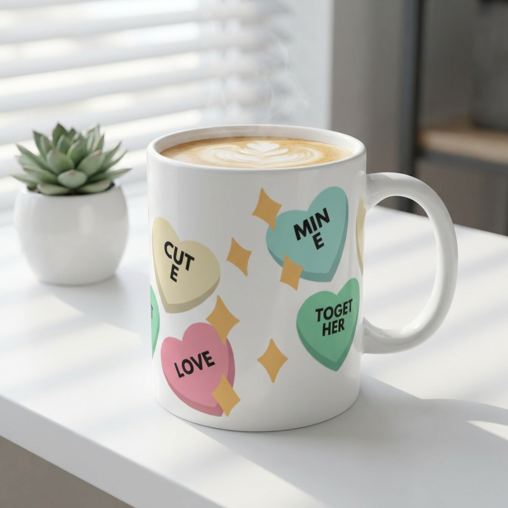Conversation Heart Coffee Mug — 'Love', 'Cute', 'Mine', 'Together' 11oz product thumbnail image