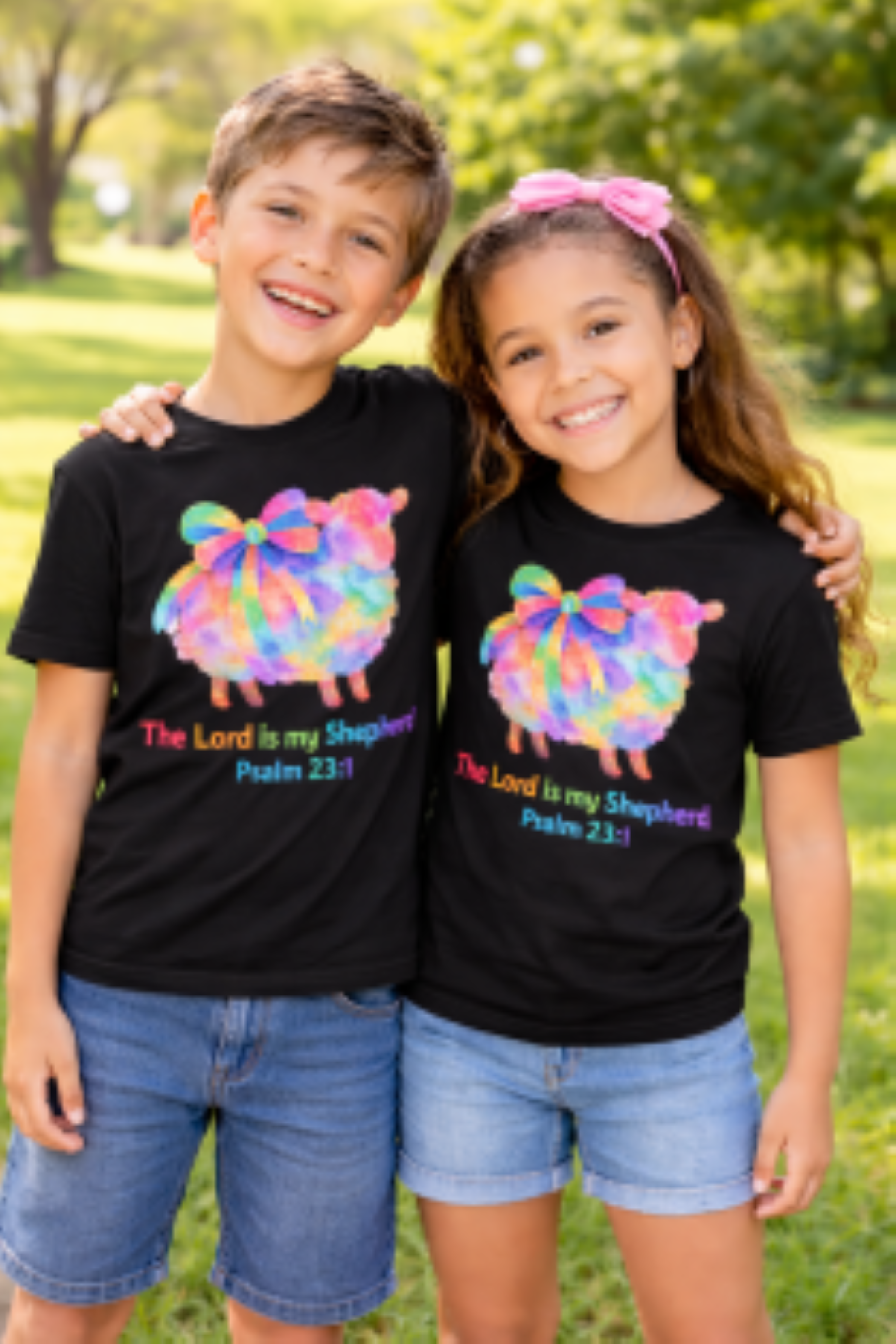 Kids 'The Lord Is My Shepherd' Sheep T-Shirt — Colorful Watercolor Psalm 23 Tee product thumbnail image