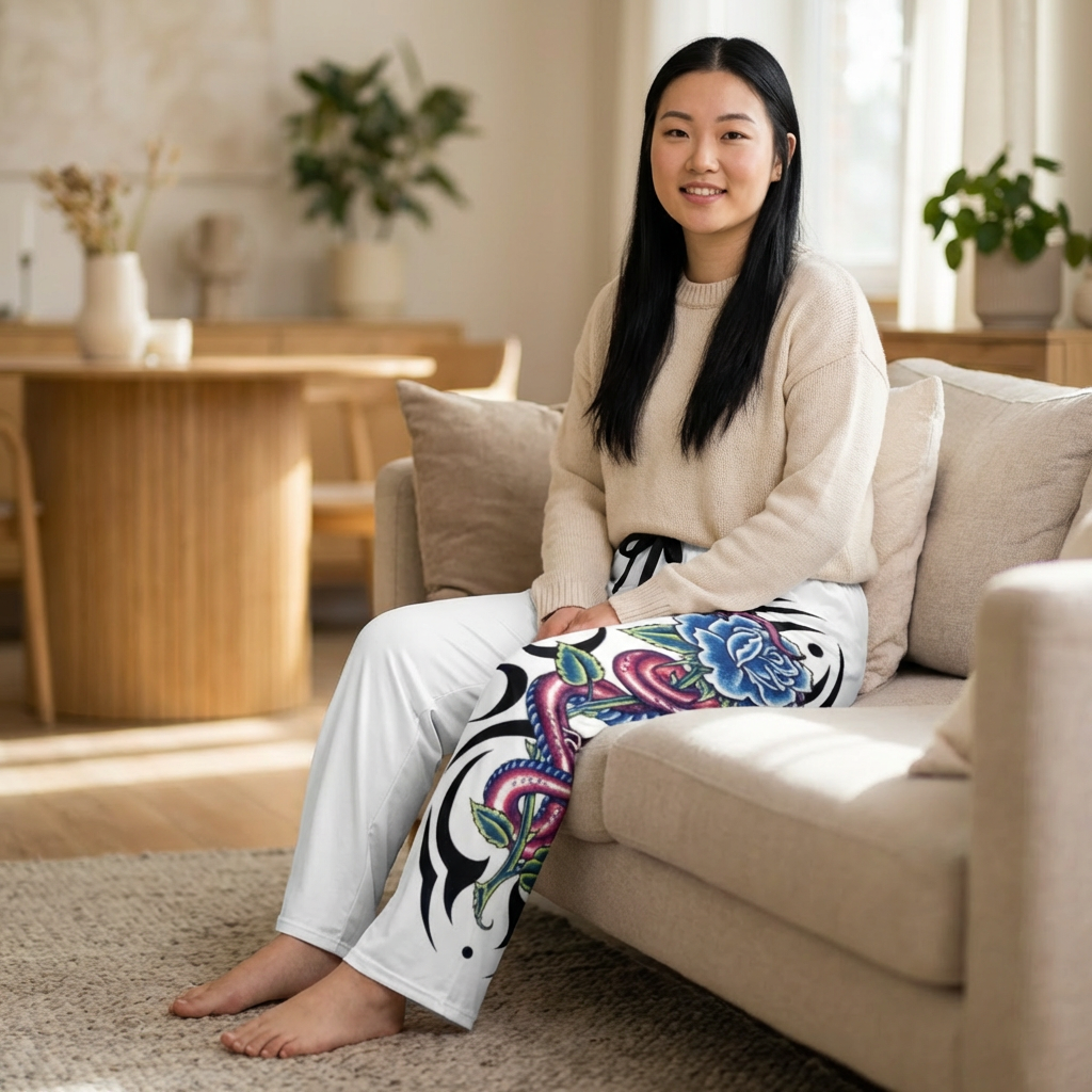 Floral Snake Tattoo Women's Pajama Pants — Cozy AOP Lounge Bottoms product thumbnail image Floral Snake Tattoo Women's Pajama Pants — Cozy AOP Lounge Bottoms product thumbnail image