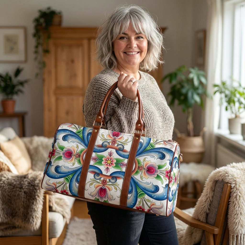 Vas sa God Waterproof Travel Bag — Scandi Style Tote Carry-On With Rosemaling Floral Designs  product thumbnail image