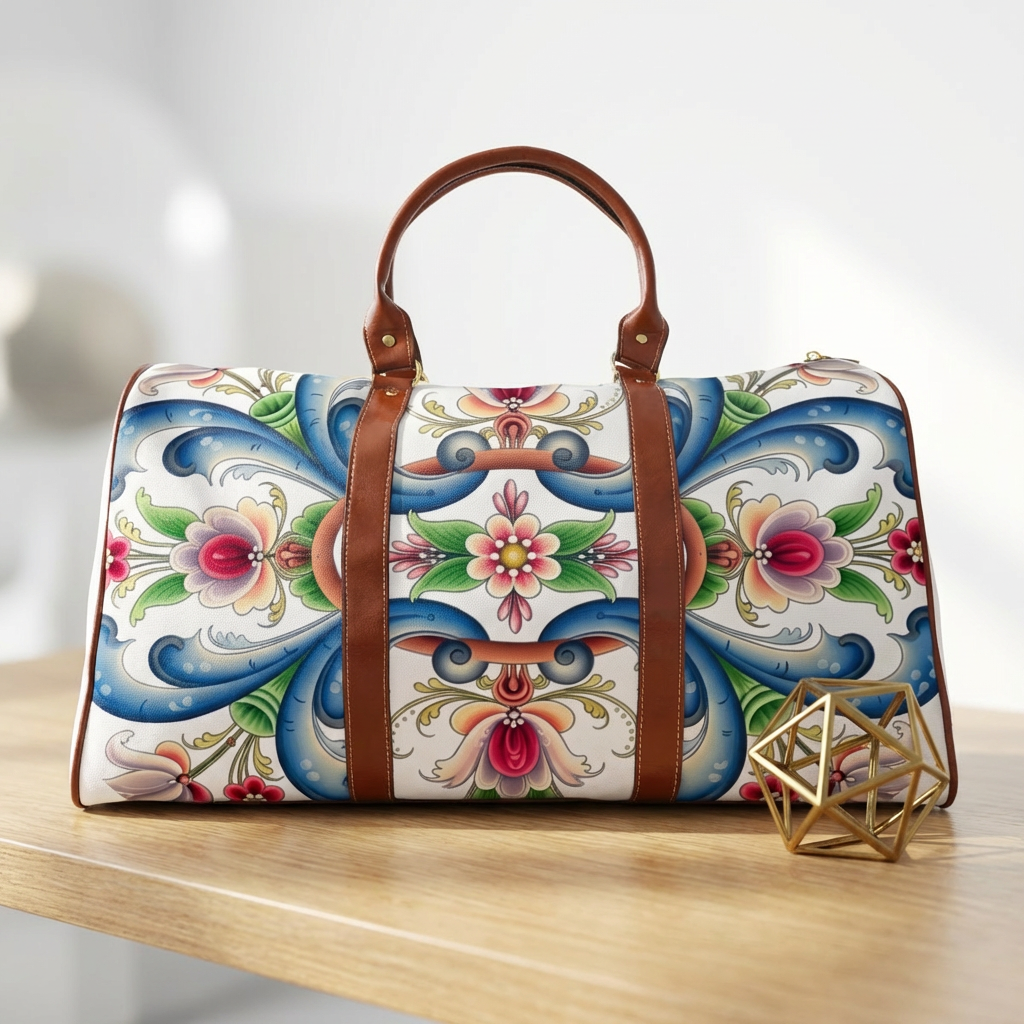 Vas sa God Waterproof Travel Bag — Scandi Style Tote Carry-On With Rosemaling Floral Designs product thumbnail image Vas sa God Waterproof Travel Bag — Scandi Style Tote Carry-On With Rosemaling Floral Designs product thumbnail image