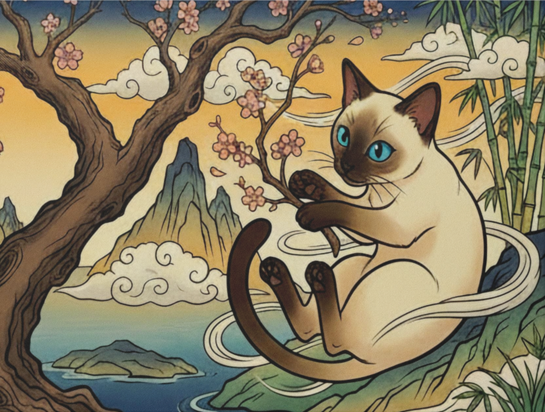 Siamese Cat Zen Canvas Print – Japanese-Inspired Cherry Blossom Wall Art product thumbnail image