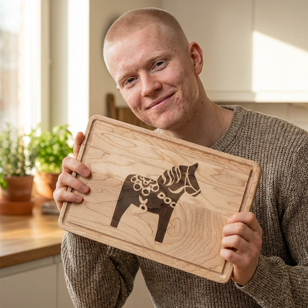 Engraved Dala Horse Wooden Cutting Board – Scandinavian Rustic Serving &amp; Cheese Board product thumbnail image