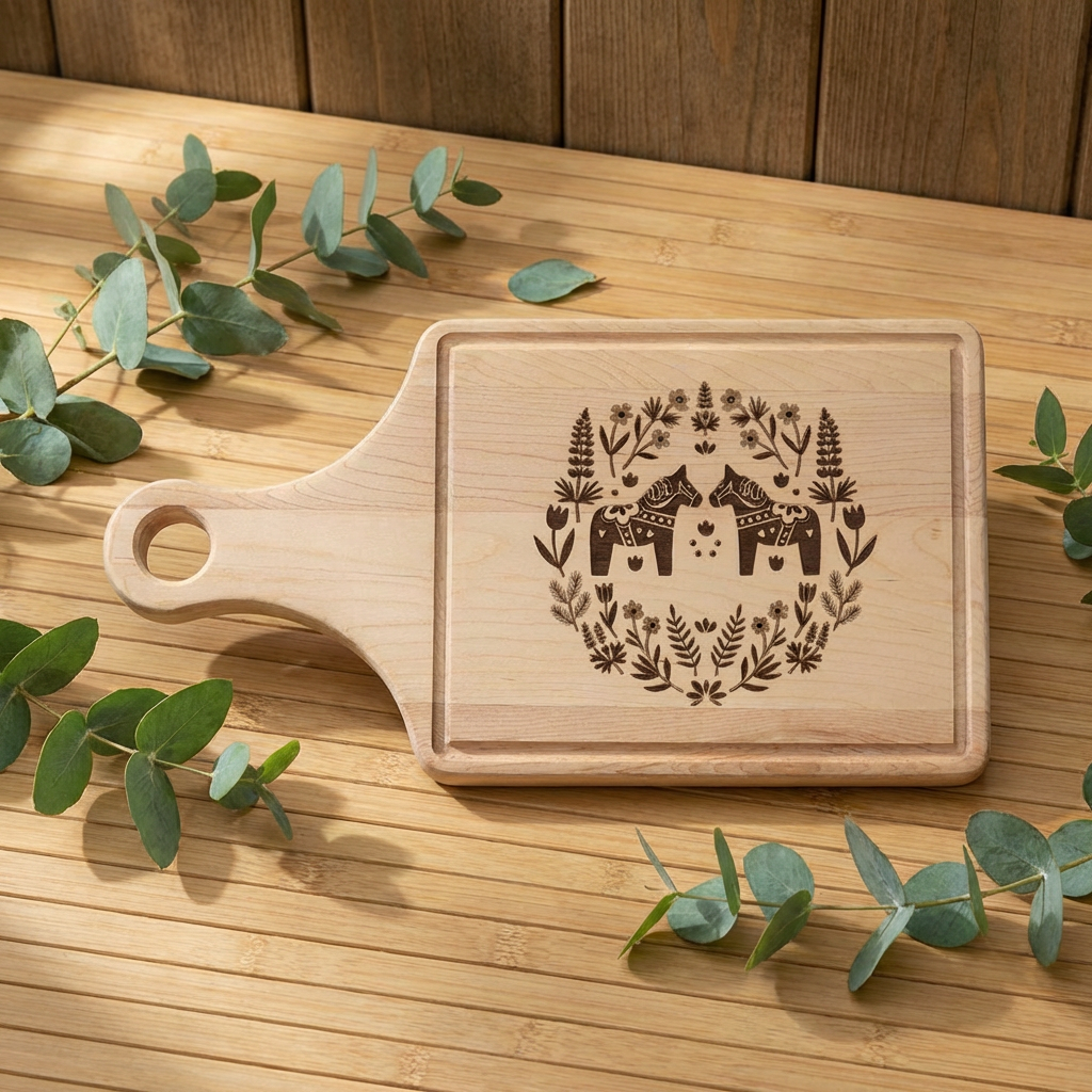 Engraved Dala Horse Wooden Cutting Board – Scandinavian Rustic Serving &amp; Cheese Board product thumbnail image