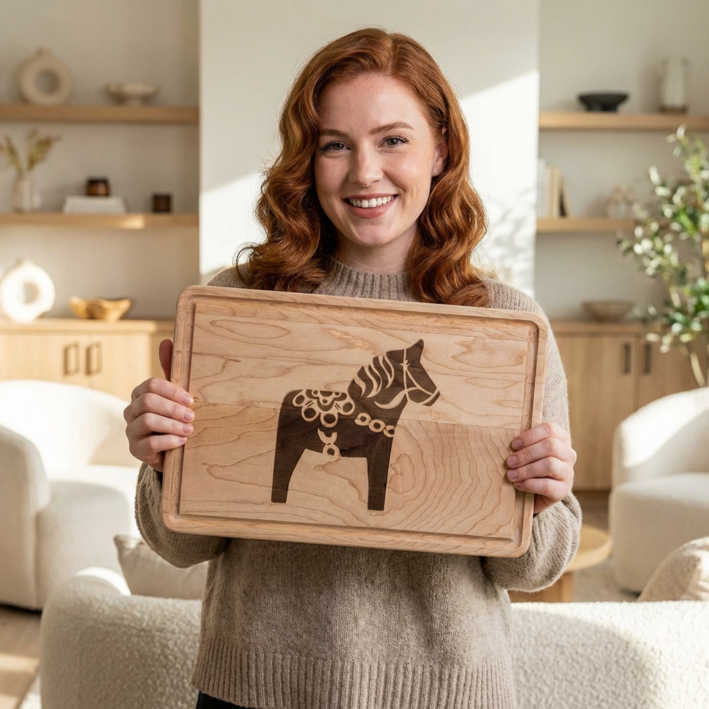 Engraved Dala Horse Wooden Cutting Board – Scandinavian Rustic Serving &amp; Cheese Board product thumbnail image