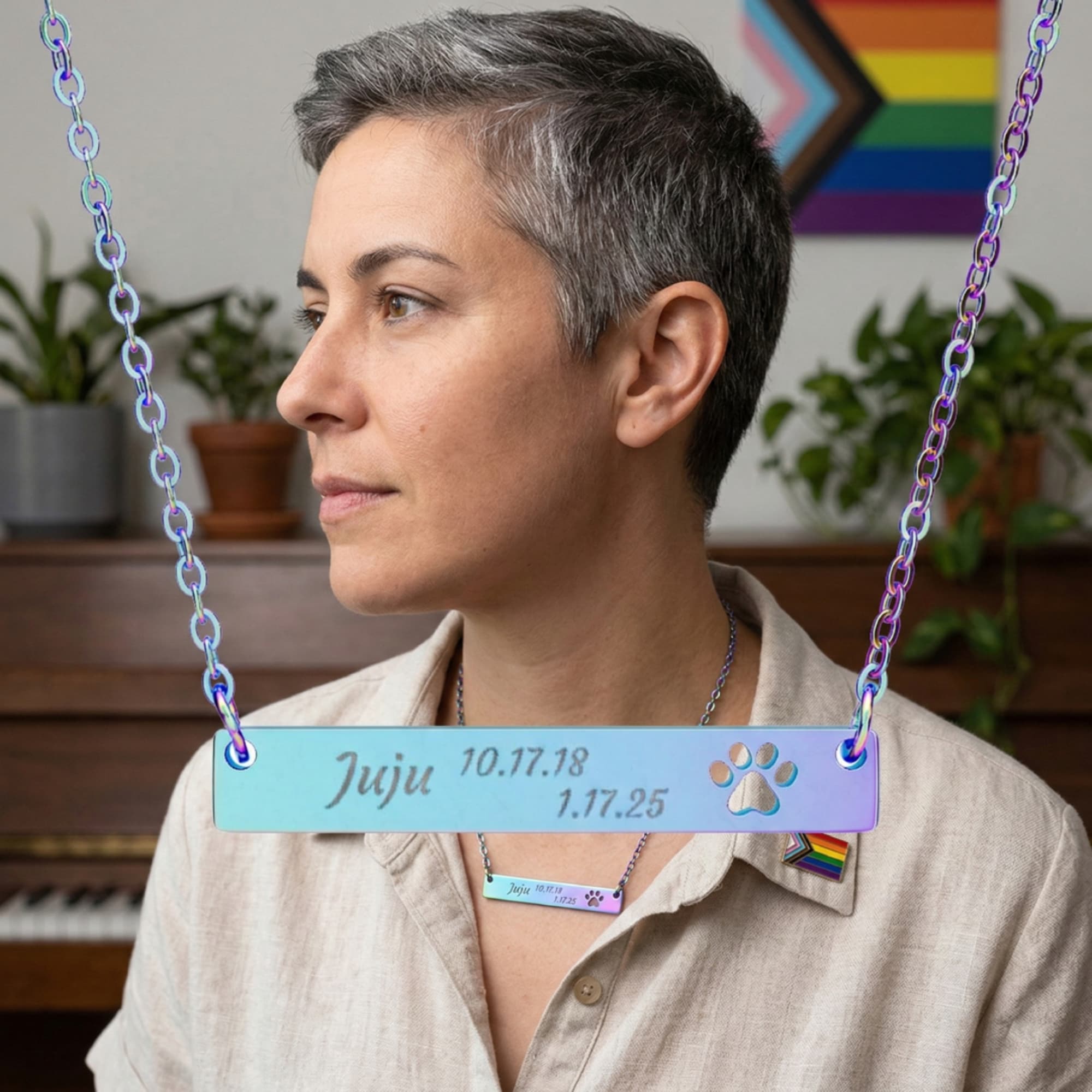 Custom Memorial Paw Print Bar Necklace - Queer Pet Mom (316L 12K Gold)  product thumbnail image