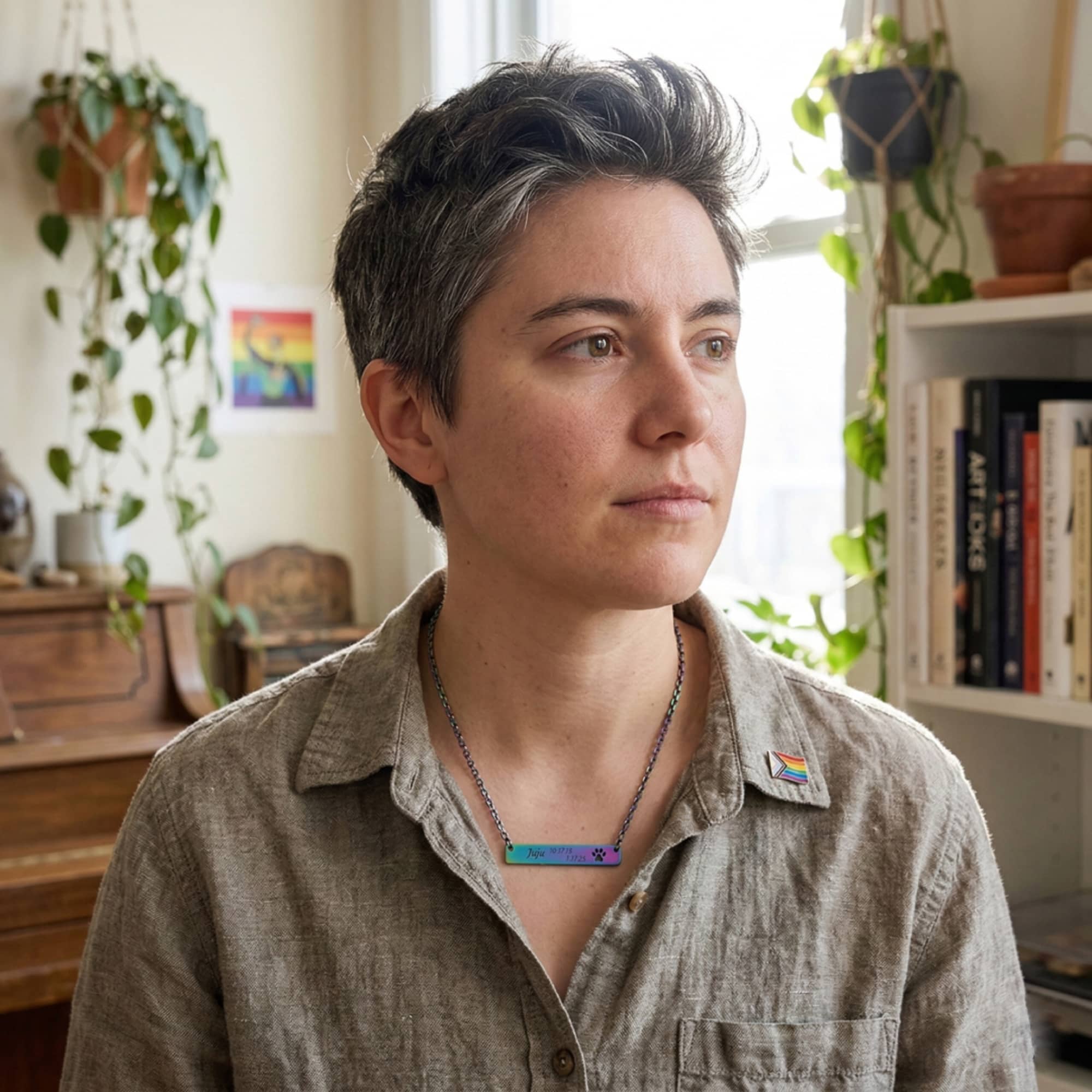 Custom Memorial Paw Print Bar Necklace - Queer Pet Mom (316L 12K Gold)  product thumbnail image