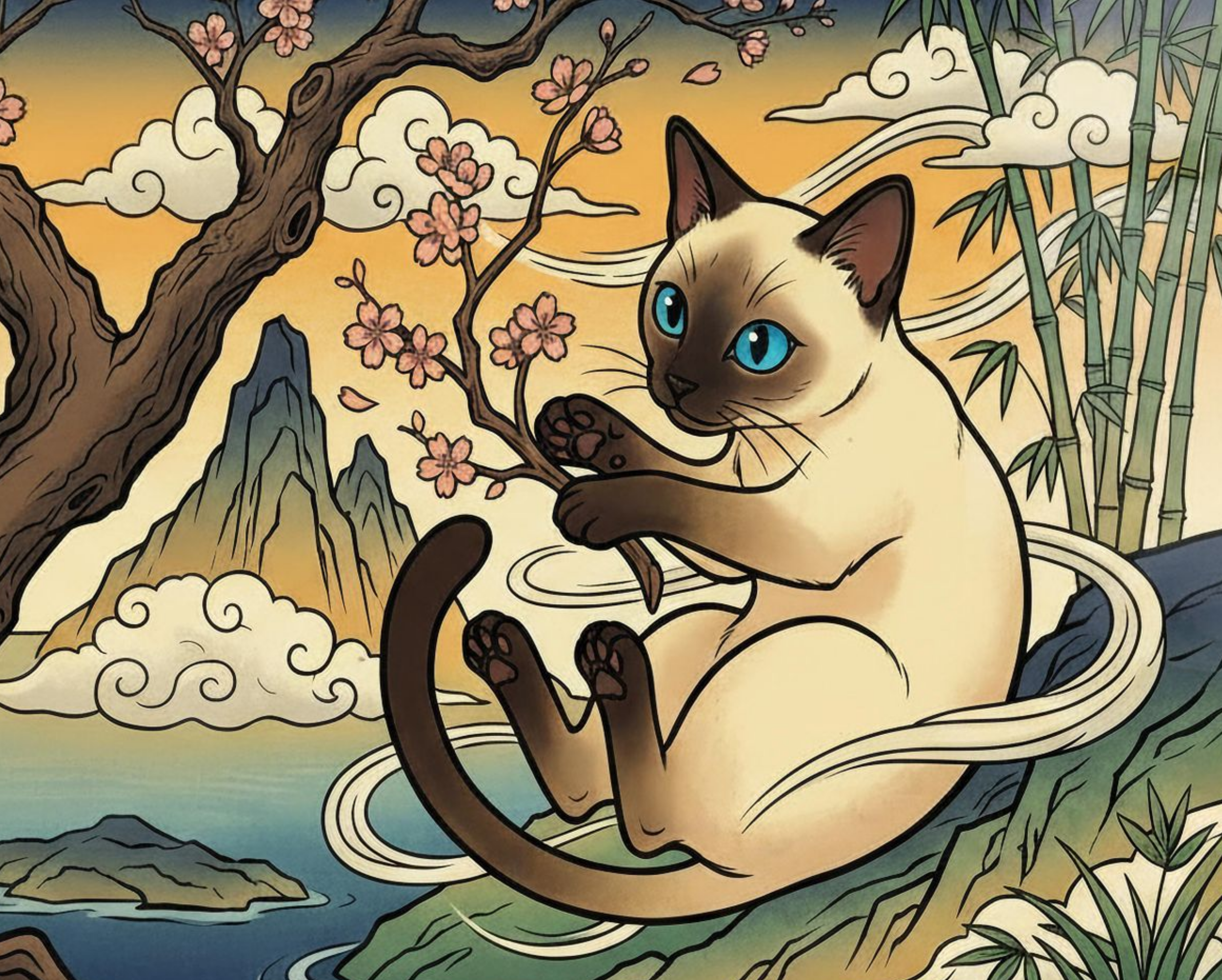 Siamese Cat Japanese Landscape Acrylic Wall Art Panel – Cherry Blossom &amp; Mount Fuji Scene