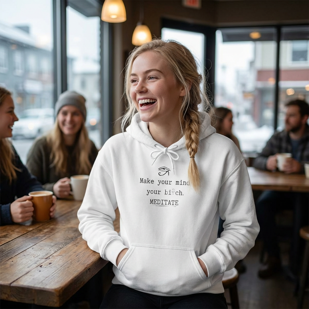 Unisex College Hoodie - 'Make Your Mind Your Bitch. MEDITATE' Motivational Sweatshirt