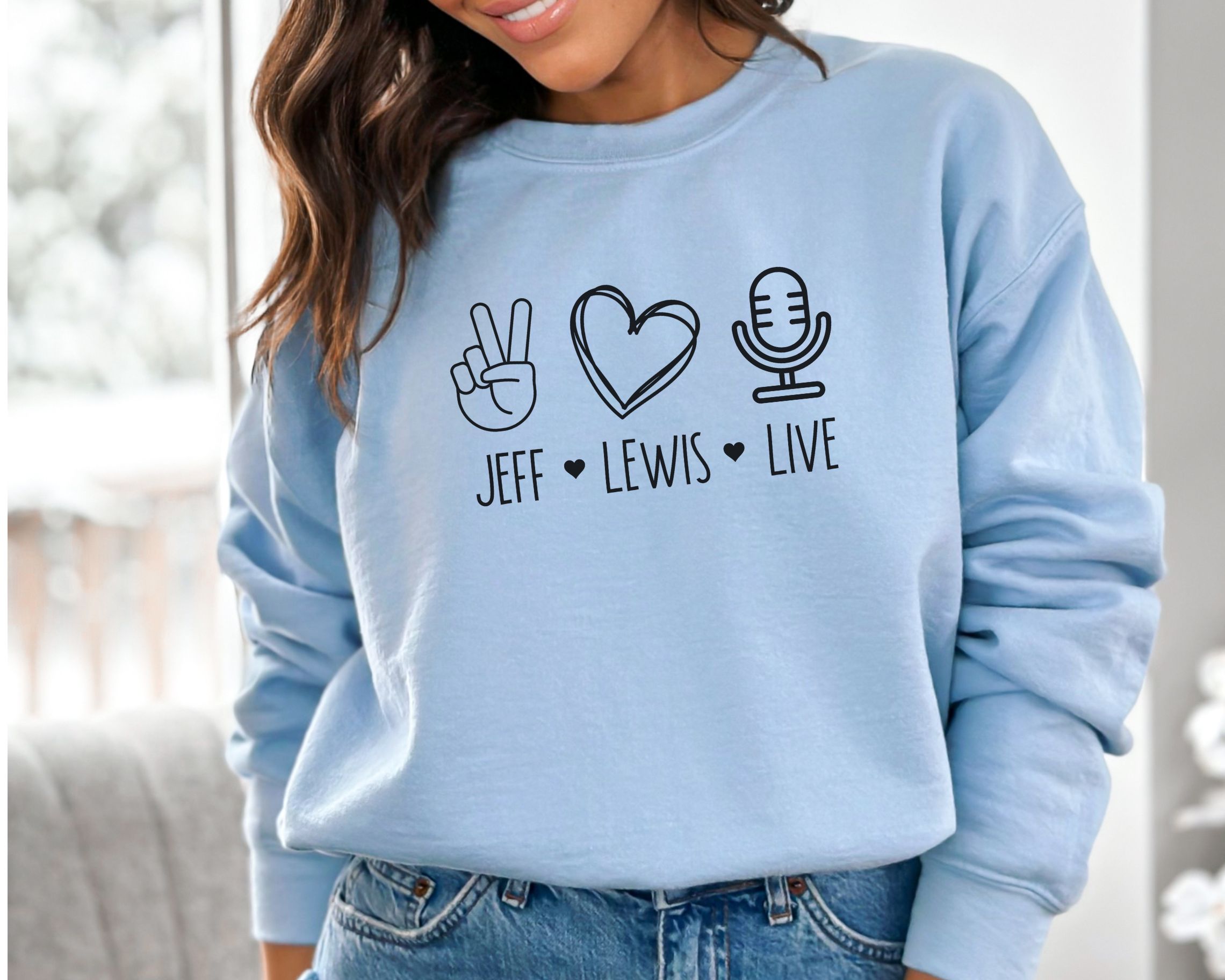 Peace Love Podcast | jeff Lewis Live cozy Sweatshirt product thumbnail image Peace Love Podcast | jeff Lewis Live cozy Sweatshirt product thumbnail image
