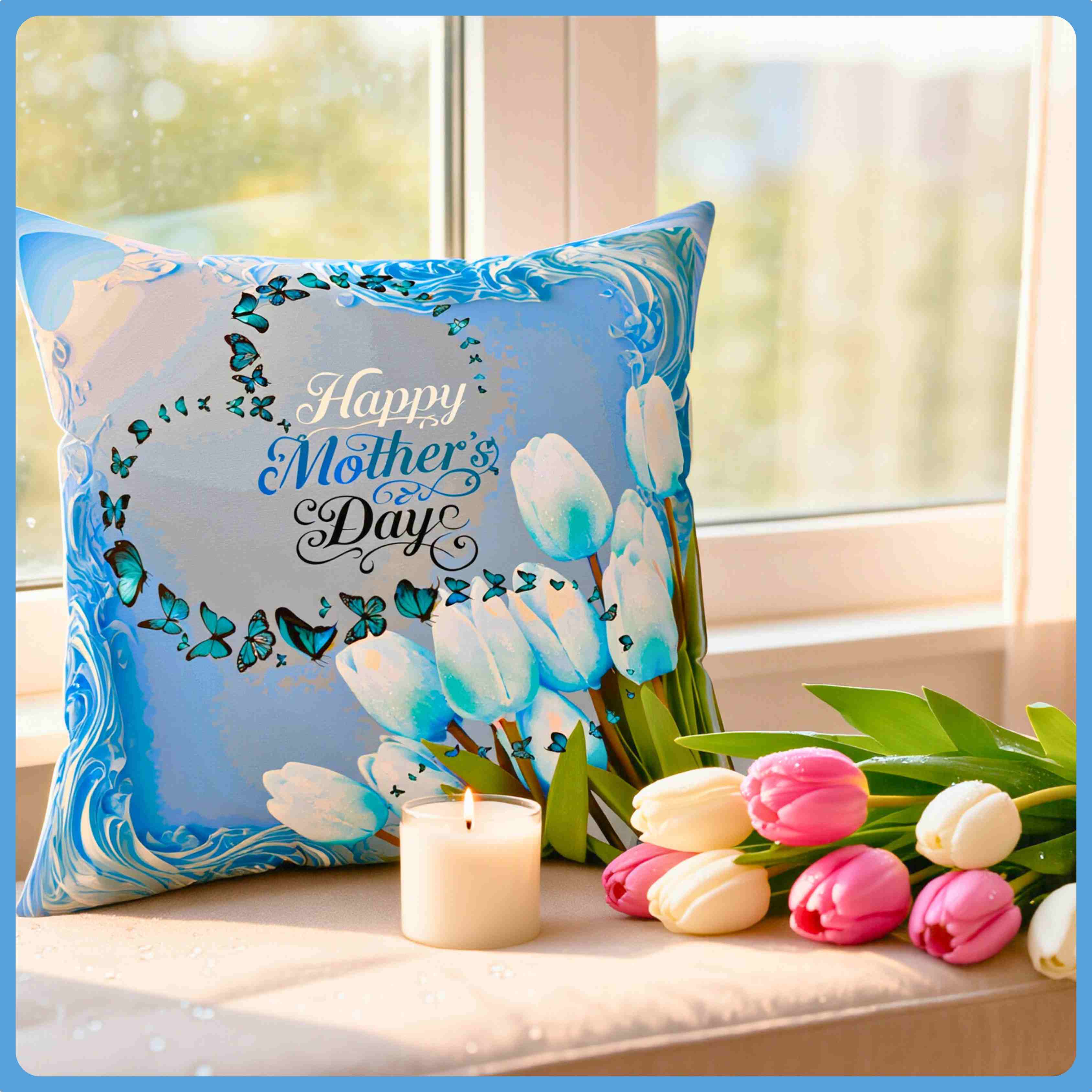 Happy Mother's Day tulips Pillow | Mother's Day decor, blue floral square couch cushion product thumbnail image