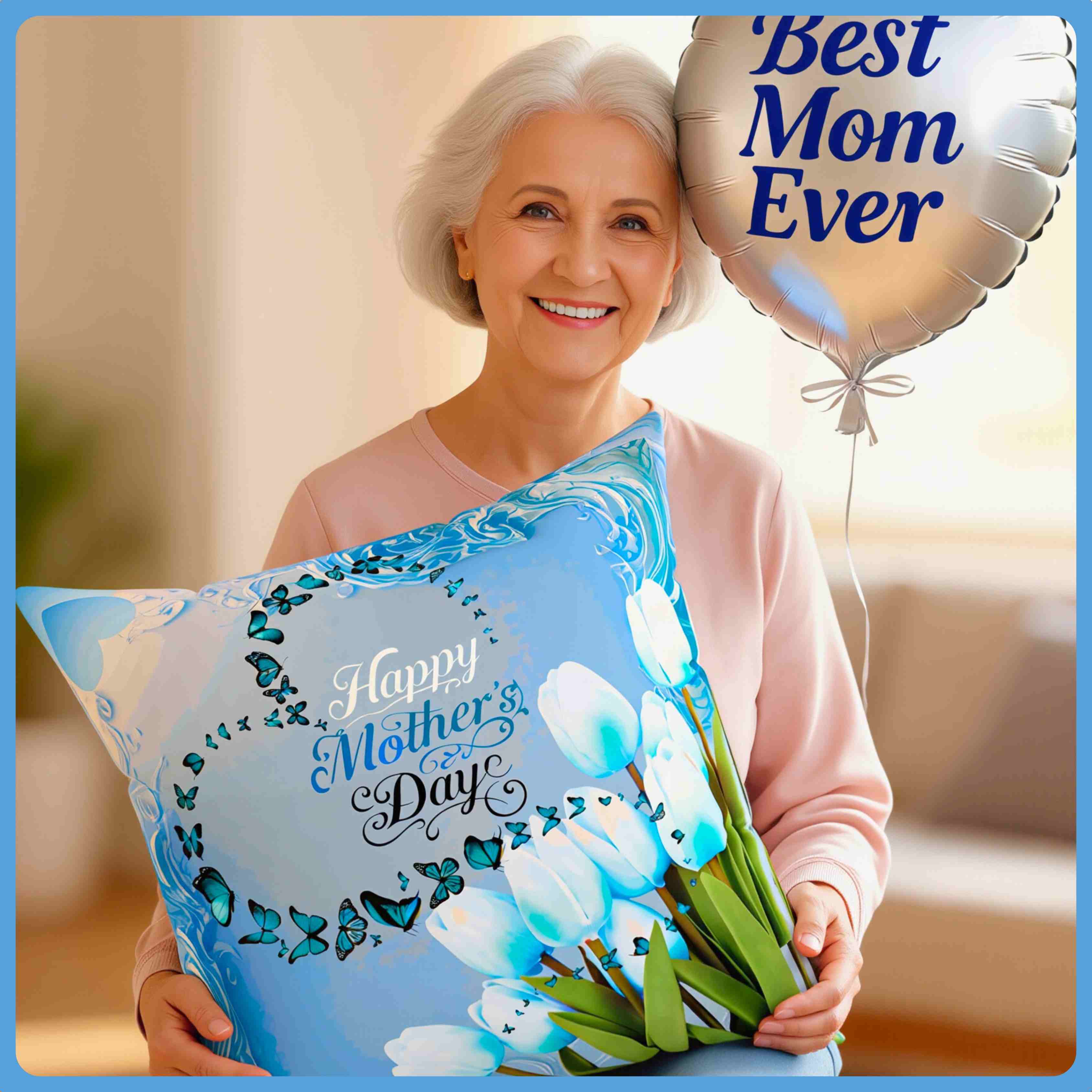 Happy Mother's Day tulips Pillow | Mother's Day decor, blue floral square couch cushion product thumbnail image
