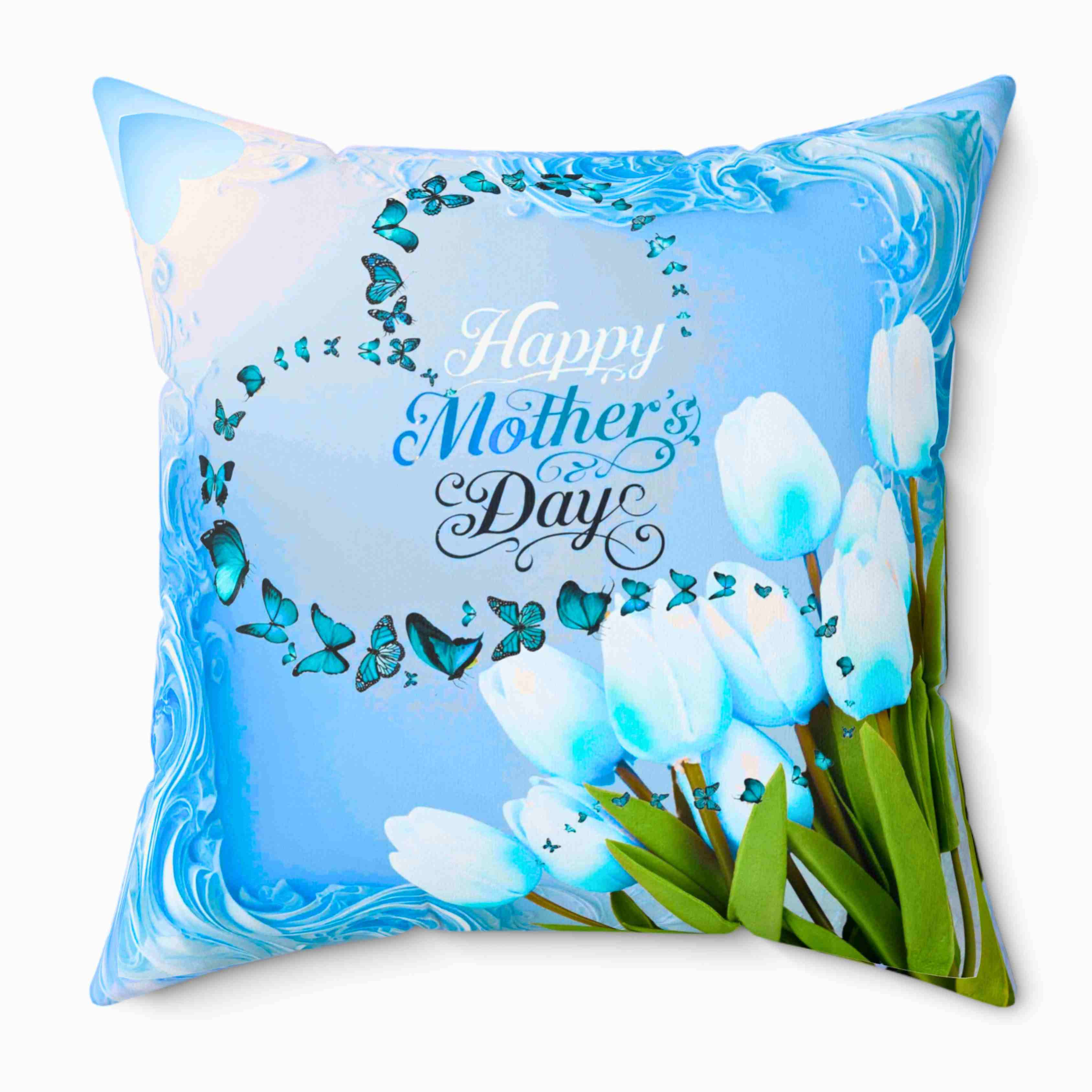 Happy Mother's Day tulips Pillow | Mother's Day decor, blue floral square couch cushion product thumbnail image