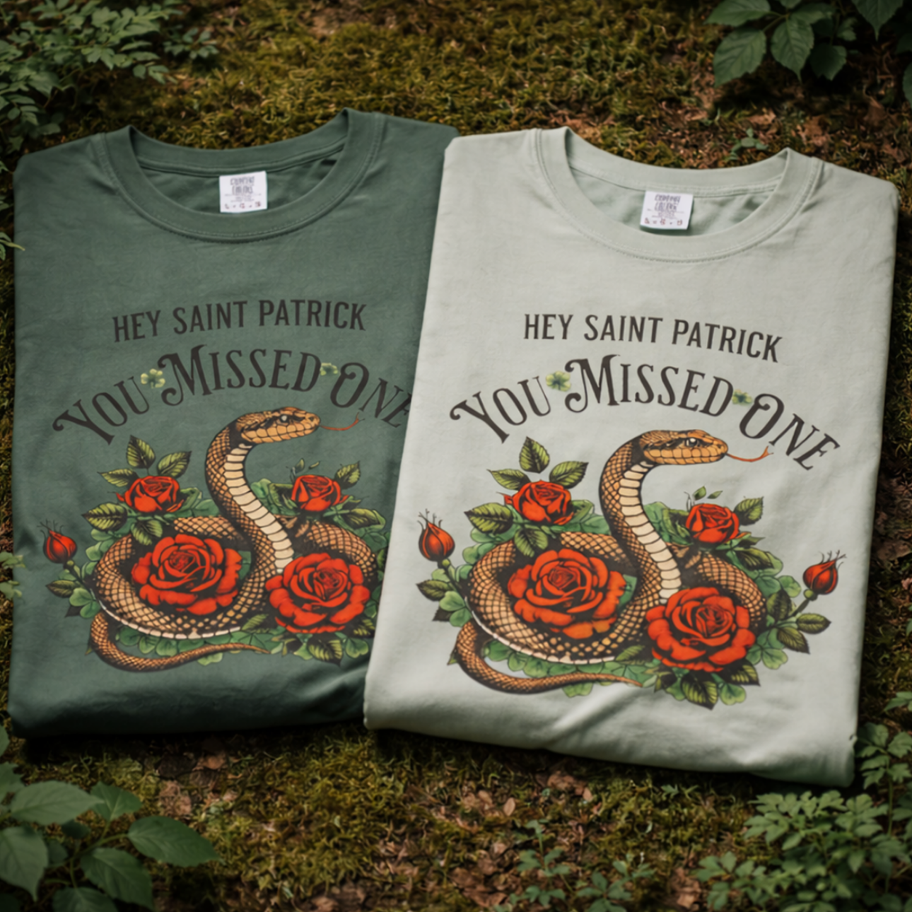 Saint Patrick "You Missed One" T-Shirt — Rose & Snake Irish Satire Tee product thumbnail image Saint Patrick "You Missed One" T-Shirt — Rose & Snake Irish Satire Tee product thumbnail image