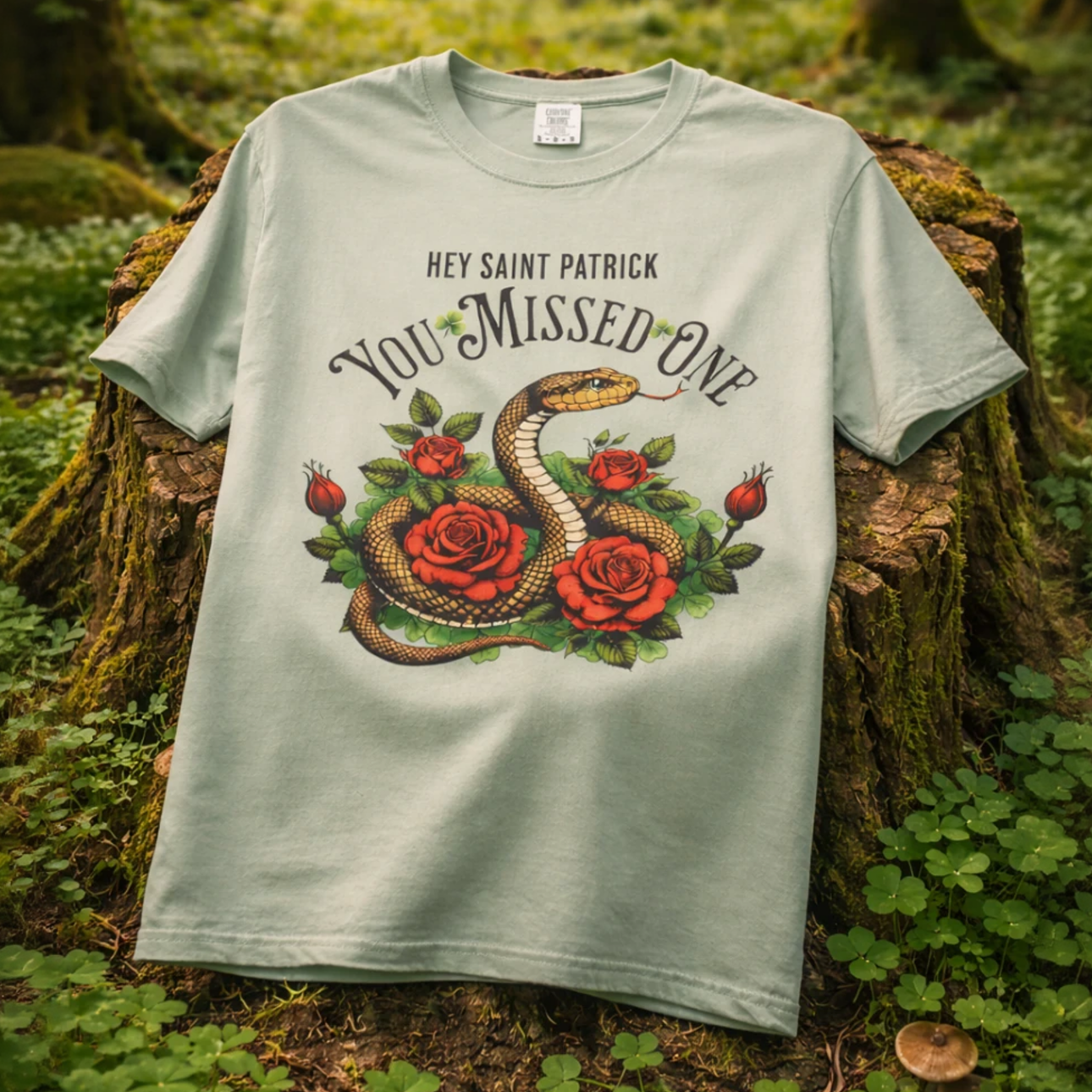 Saint Patrick "You Missed One" T-Shirt — Rose & Snake Irish Satire Tee product thumbnail image Saint Patrick "You Missed One" T-Shirt — Rose & Snake Irish Satire Tee product thumbnail image