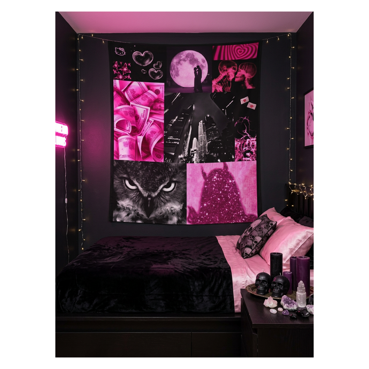 Pink Night Collage Wall Tapestry – Retro Neon Moon, Owl &amp; Cityscape Decor